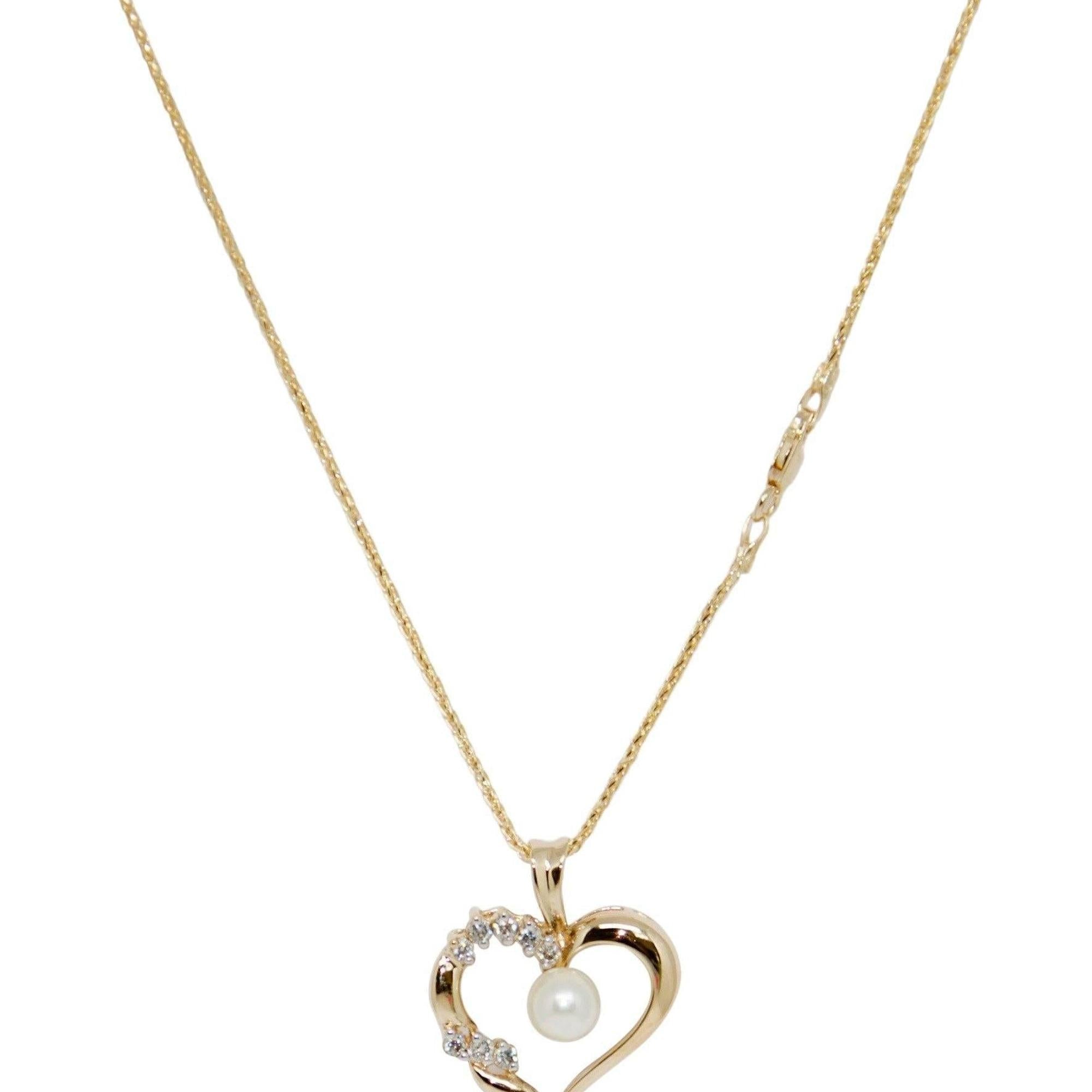 Diamond and Pearl Heart Pendant Necklace
