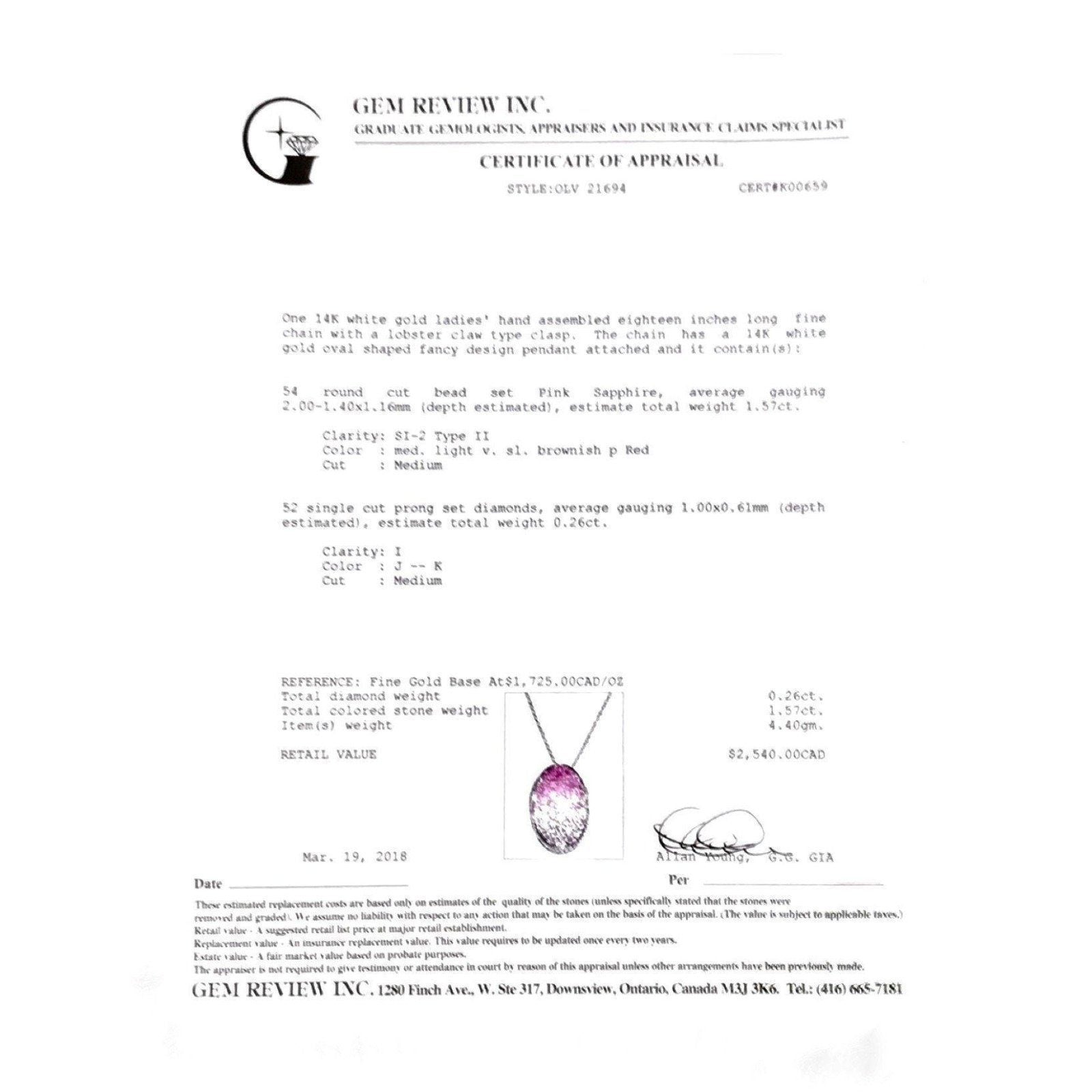 Diamond and Pink Sapphire Pendant in 14 Karat White Gold