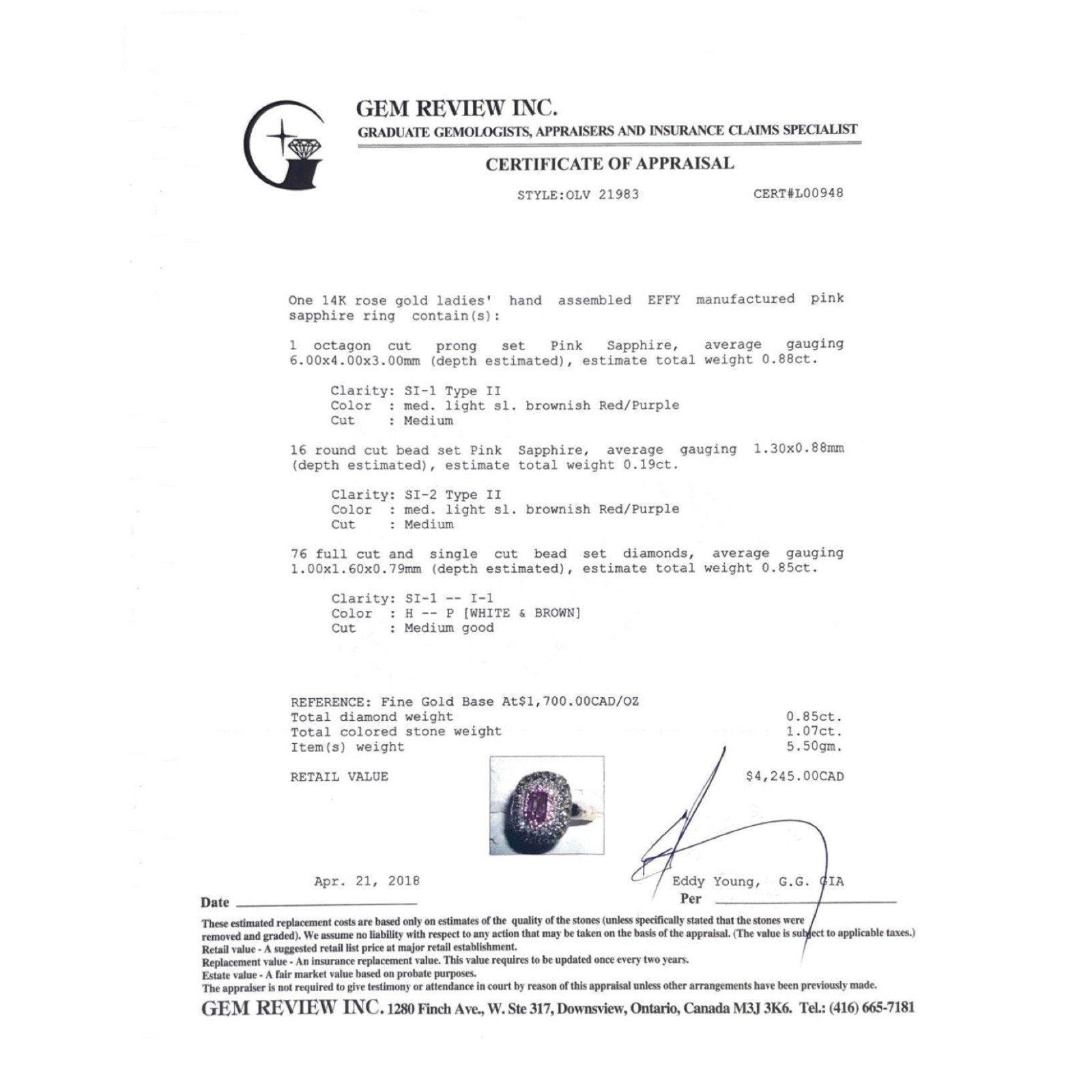 EFFY Pink Sapphire and Diamond Ring