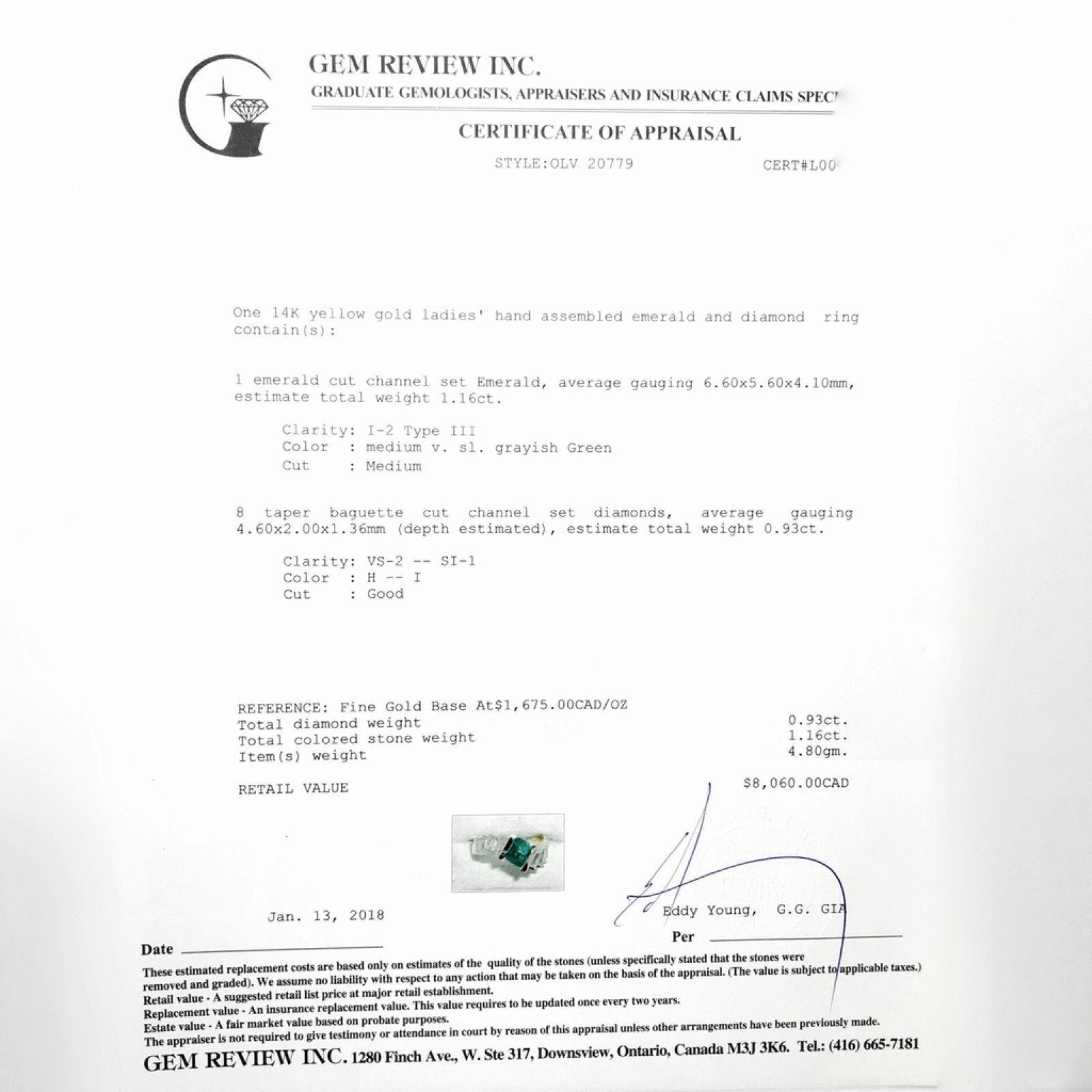 Emerald and Diamond Ring in 14kt Yellow Gold; Emerald