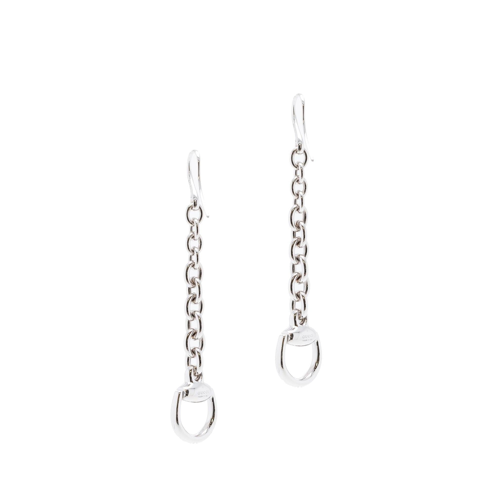 Gucci 18k White Gold Horsebit Drop Earrings