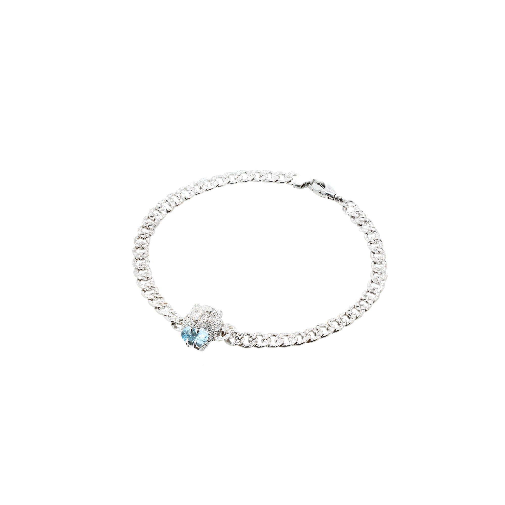 Gucci 18k White Gold Lion Head Bracelet with Aquamarine & Diamonds