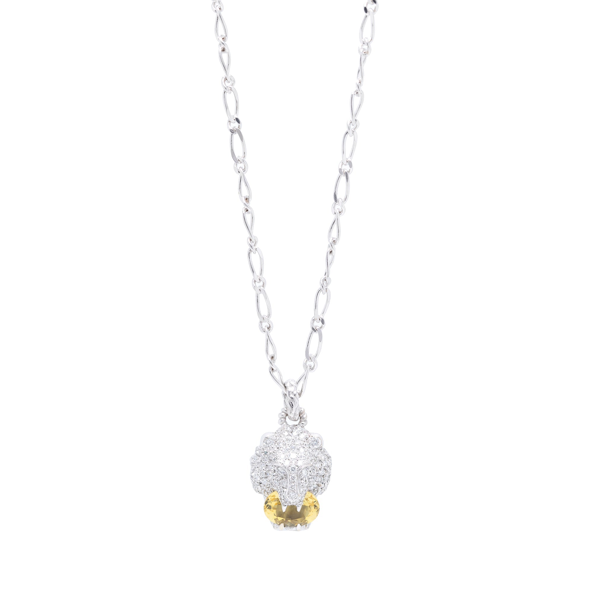 Gucci 18k White Gold Lion Head Pendant Necklace with Diamonds & Yellow Beryl
