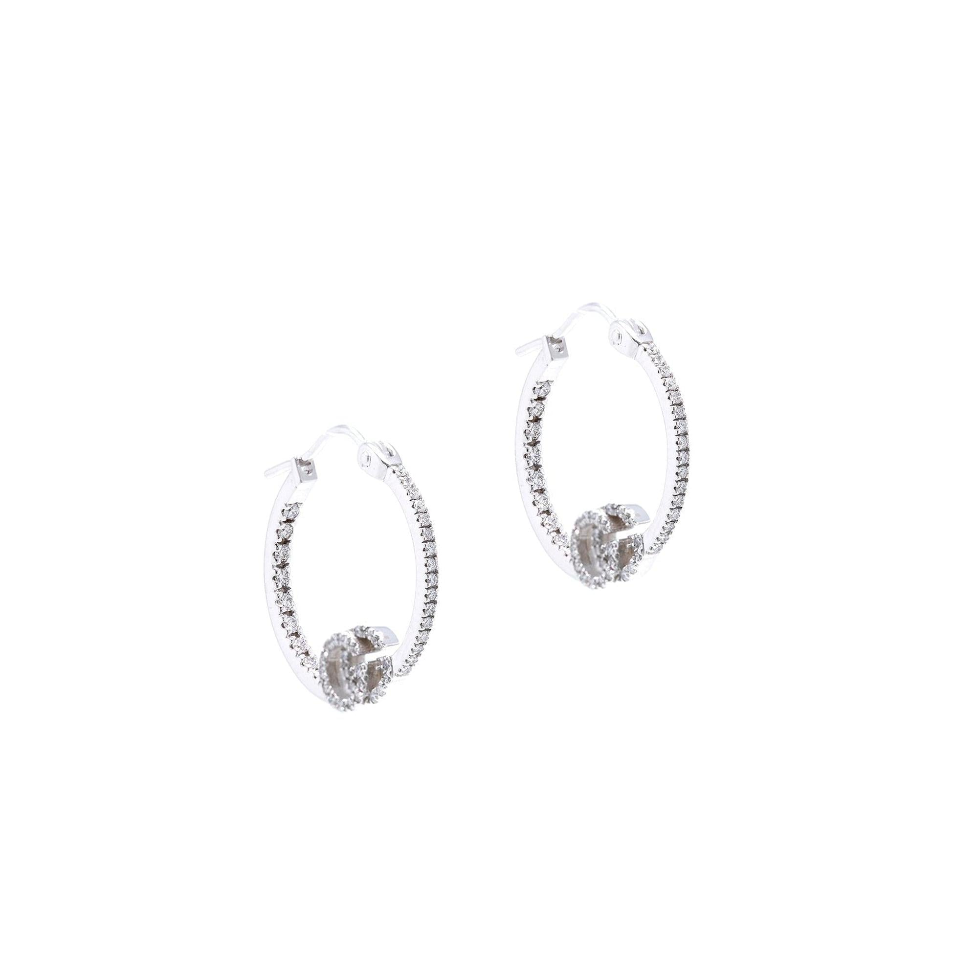Gucci 18k White Gold Running GG Diamond Hoop Earrings w/ Box