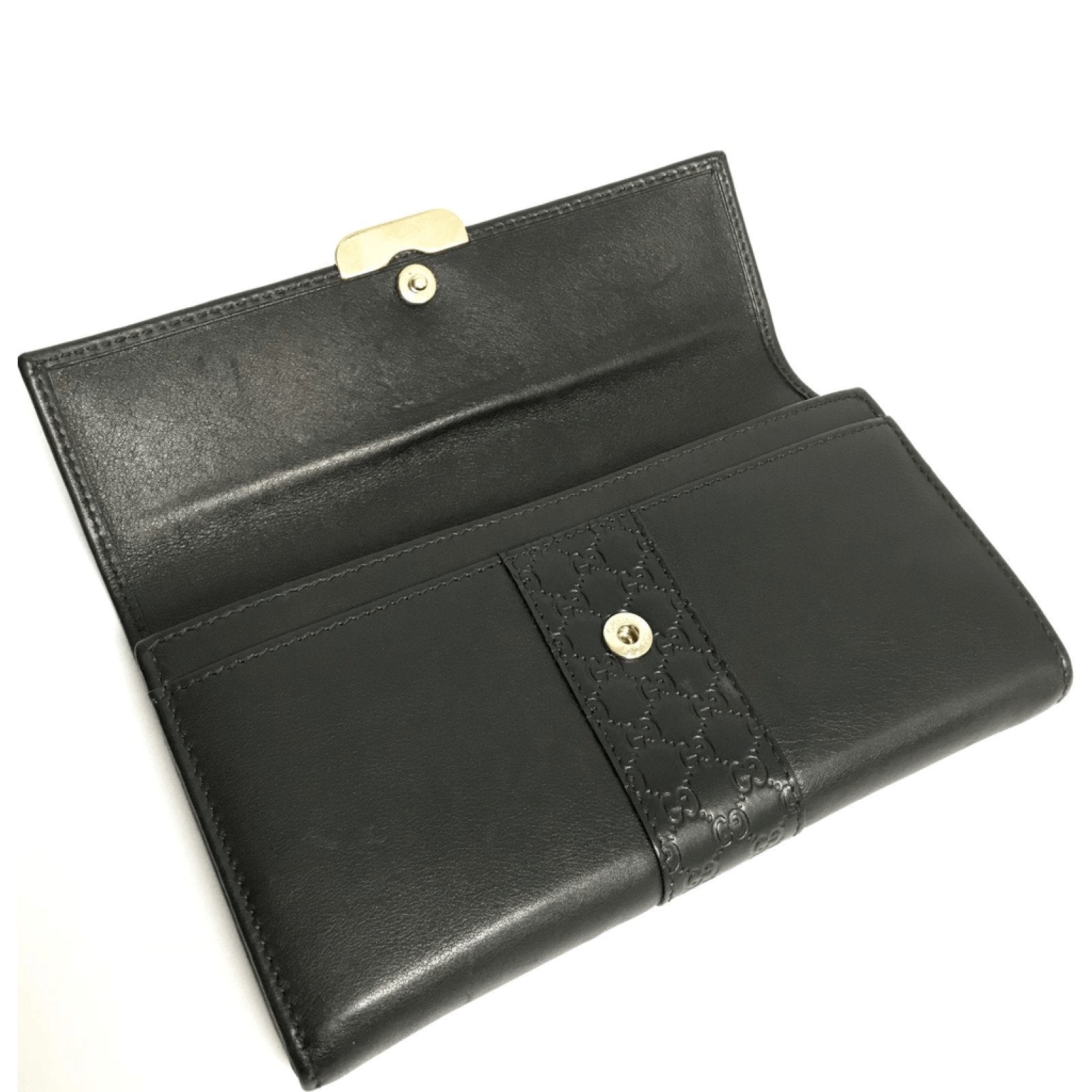 Gucci Black Leather Engraved Metal Plate Continental Wall