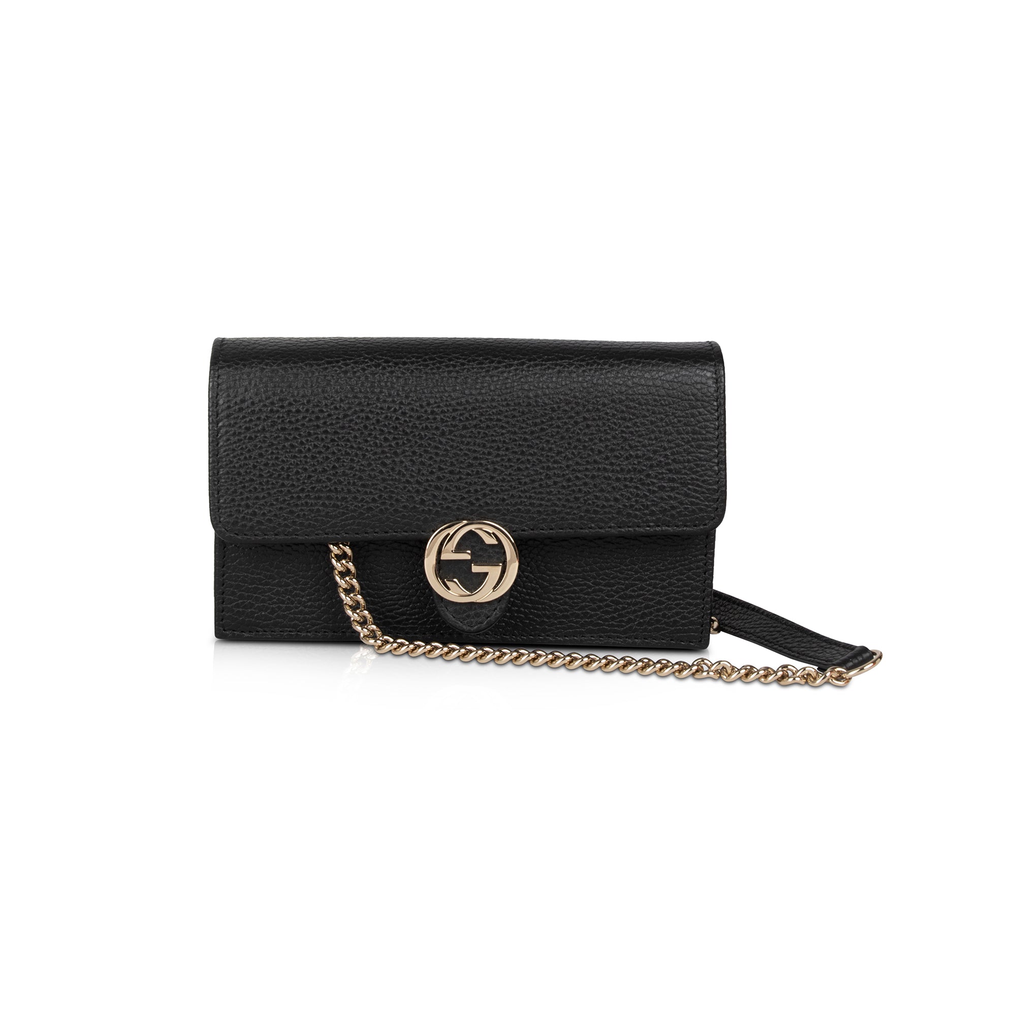 Gucci Black Leather Interlocking G Wallet on Chain w/ Box