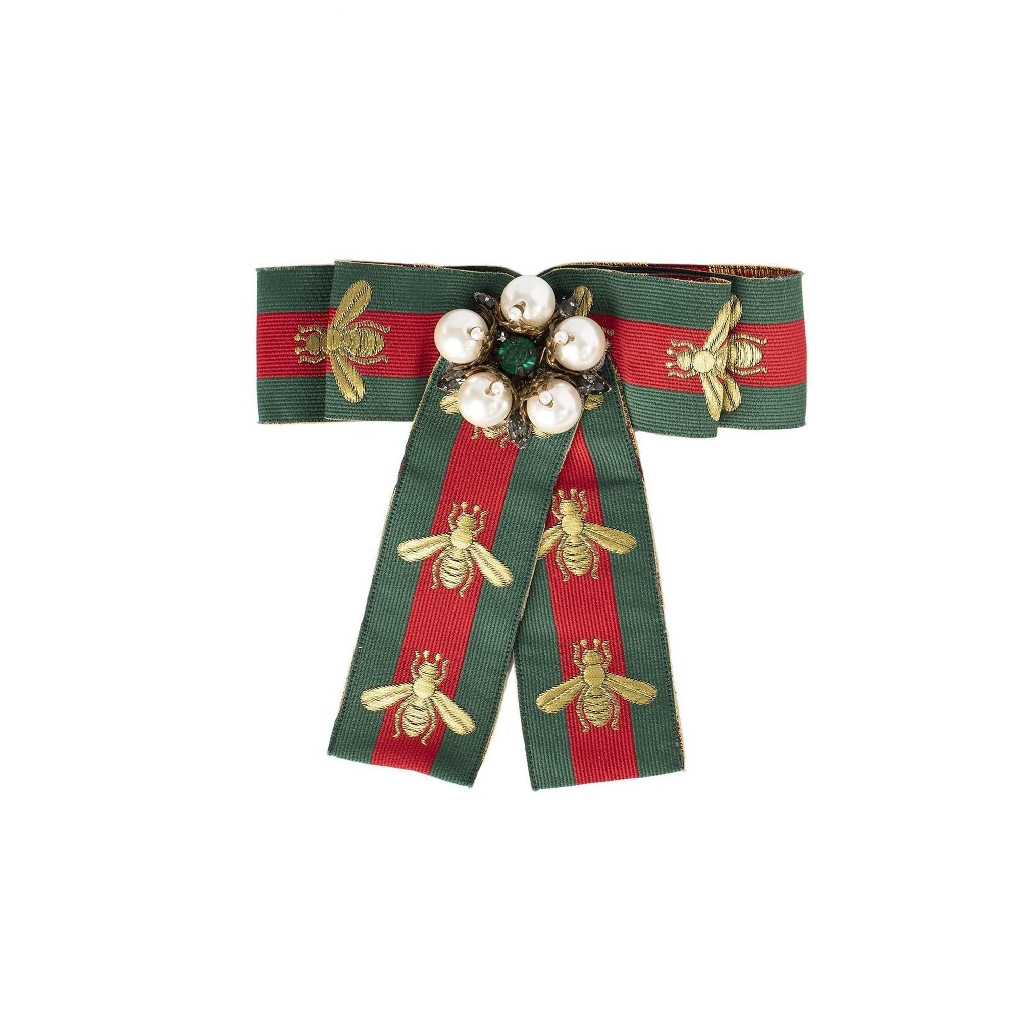 Gucci Crystal & Faux Pearl Bow Brooch