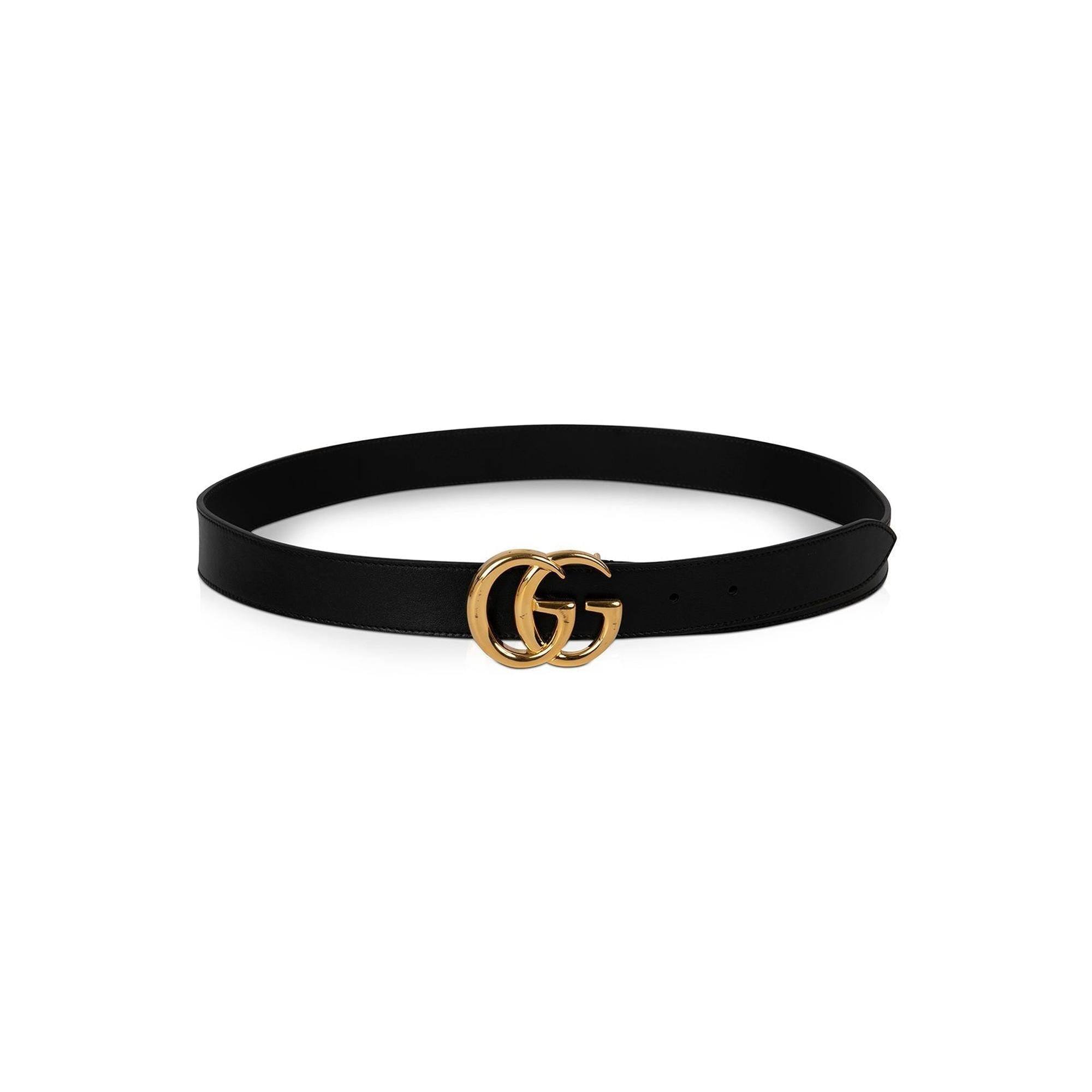 Gucci GG Marmont Black Leather Belt with Shiny Double G Buckle