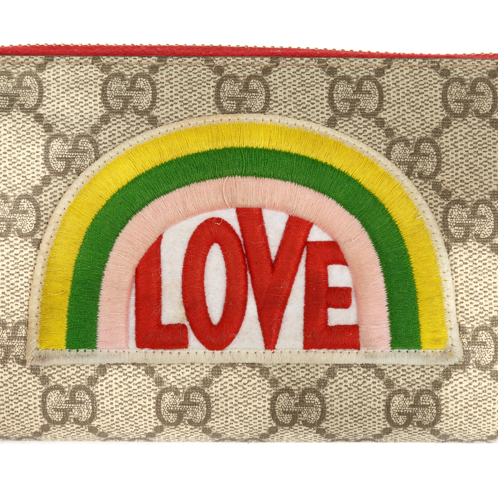 Gucci GG Supreme Embroidered Rainbow Love Zip Around Wallet