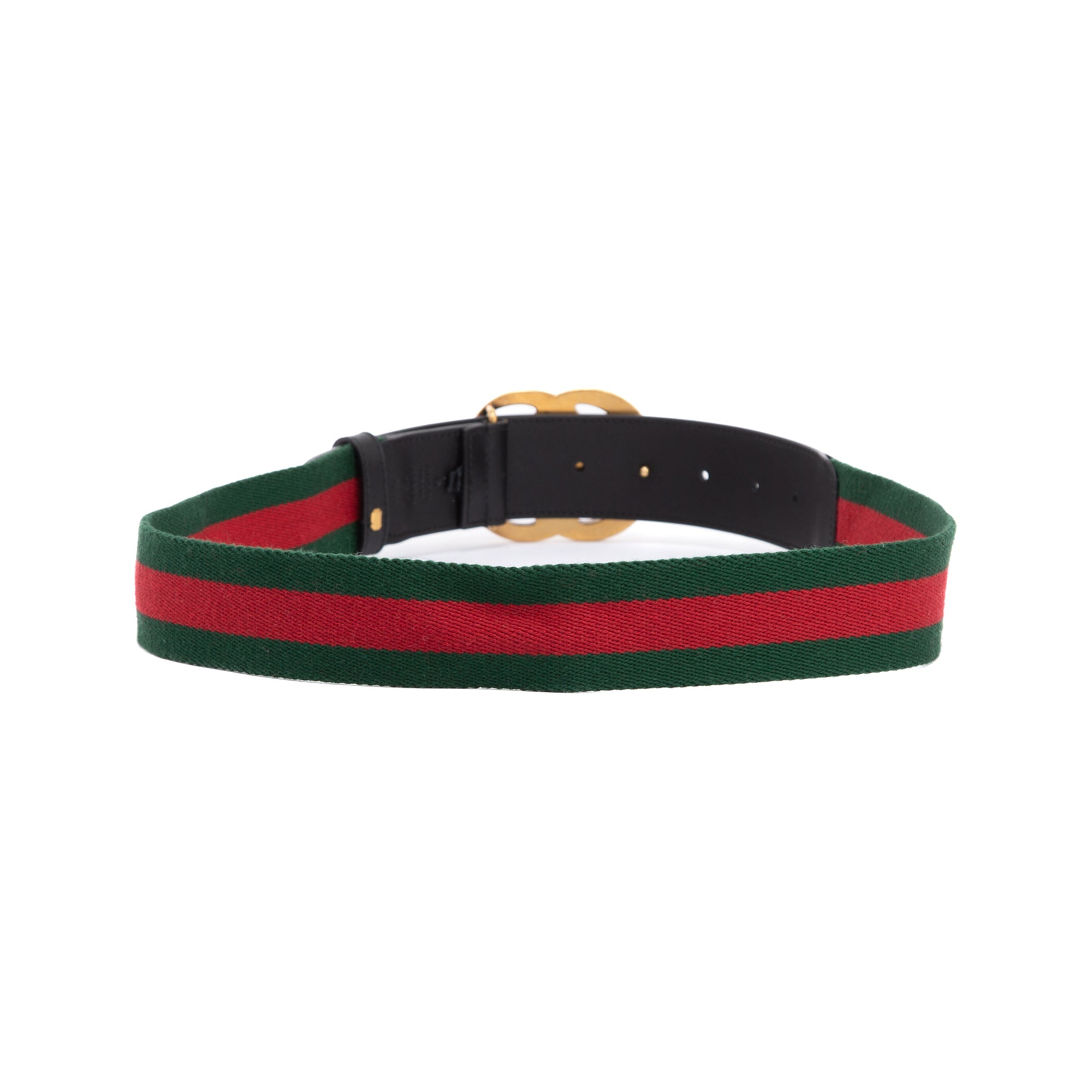 Gucci Green & Red Web Canvas & Black Leather Belt with Double G Buckle