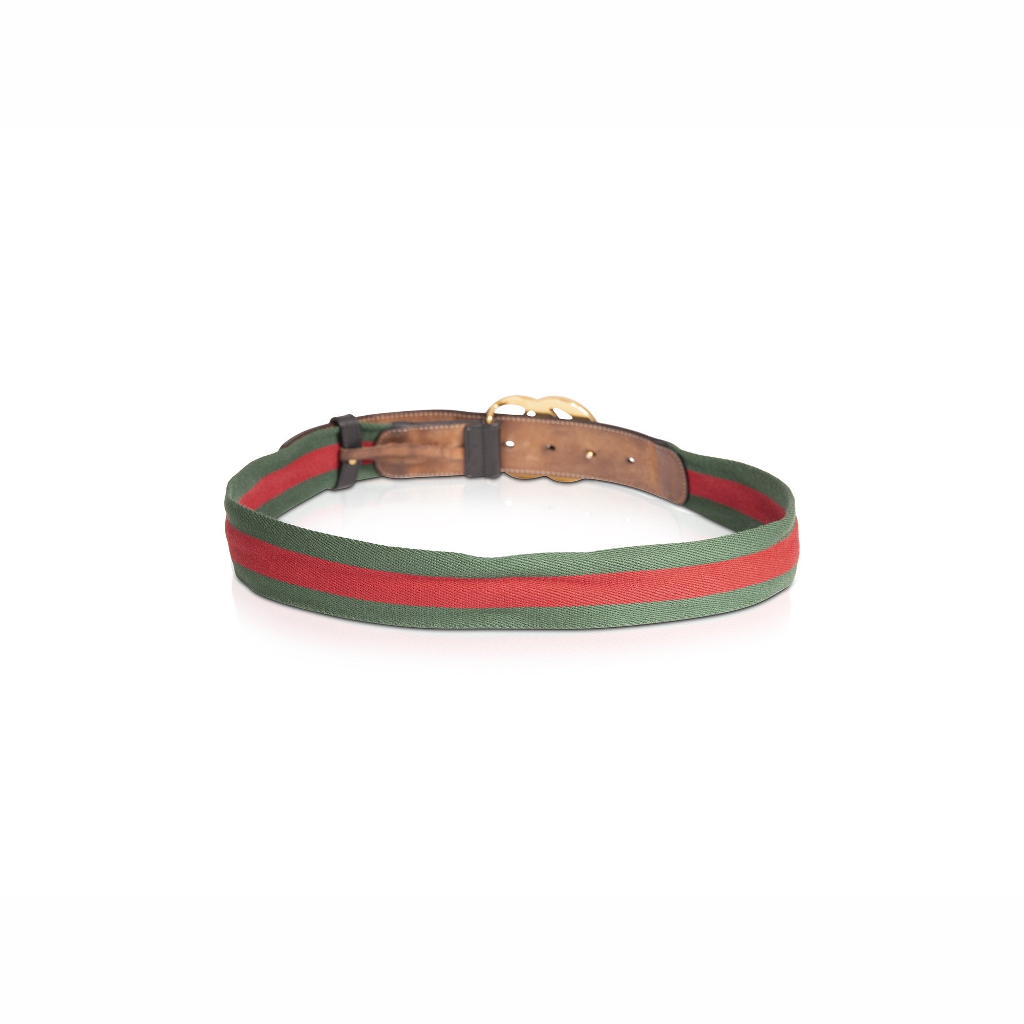Gucci Green & Red Web Canvas & Black Leather Double G Belt
