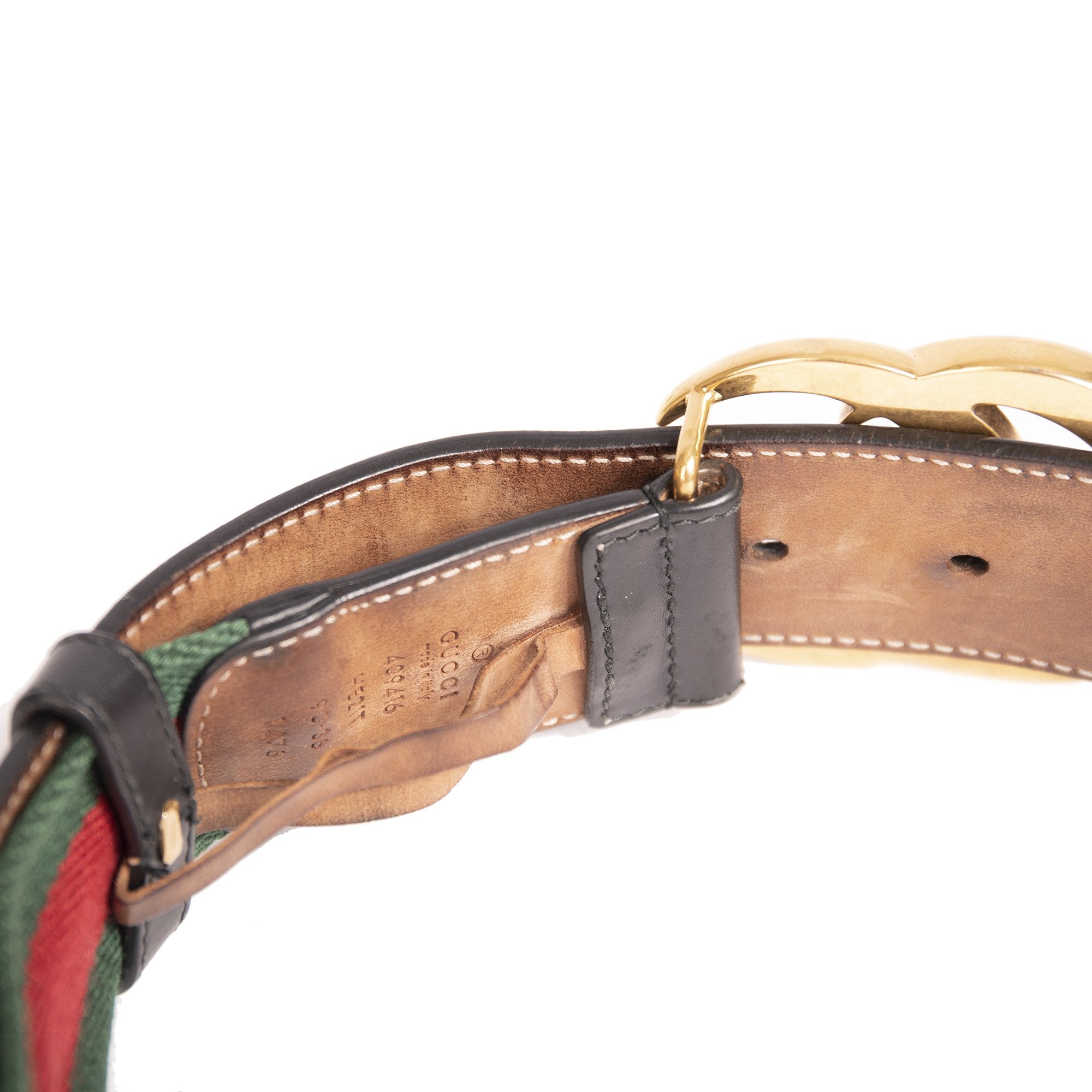 Gucci Green & Red Web Canvas & Black Leather Double G Belt