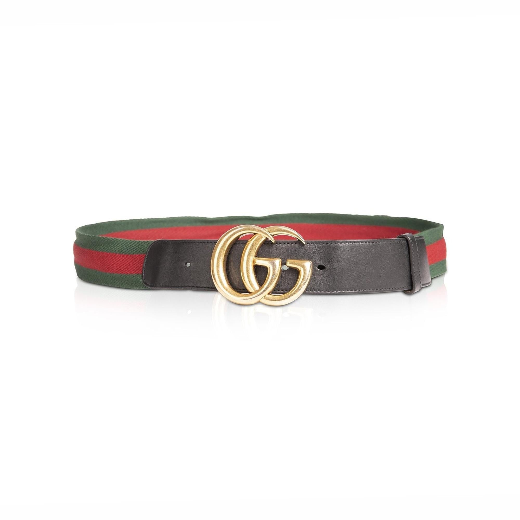 Gucci Green & Red Web Canvas & Black Leather Double G Belt