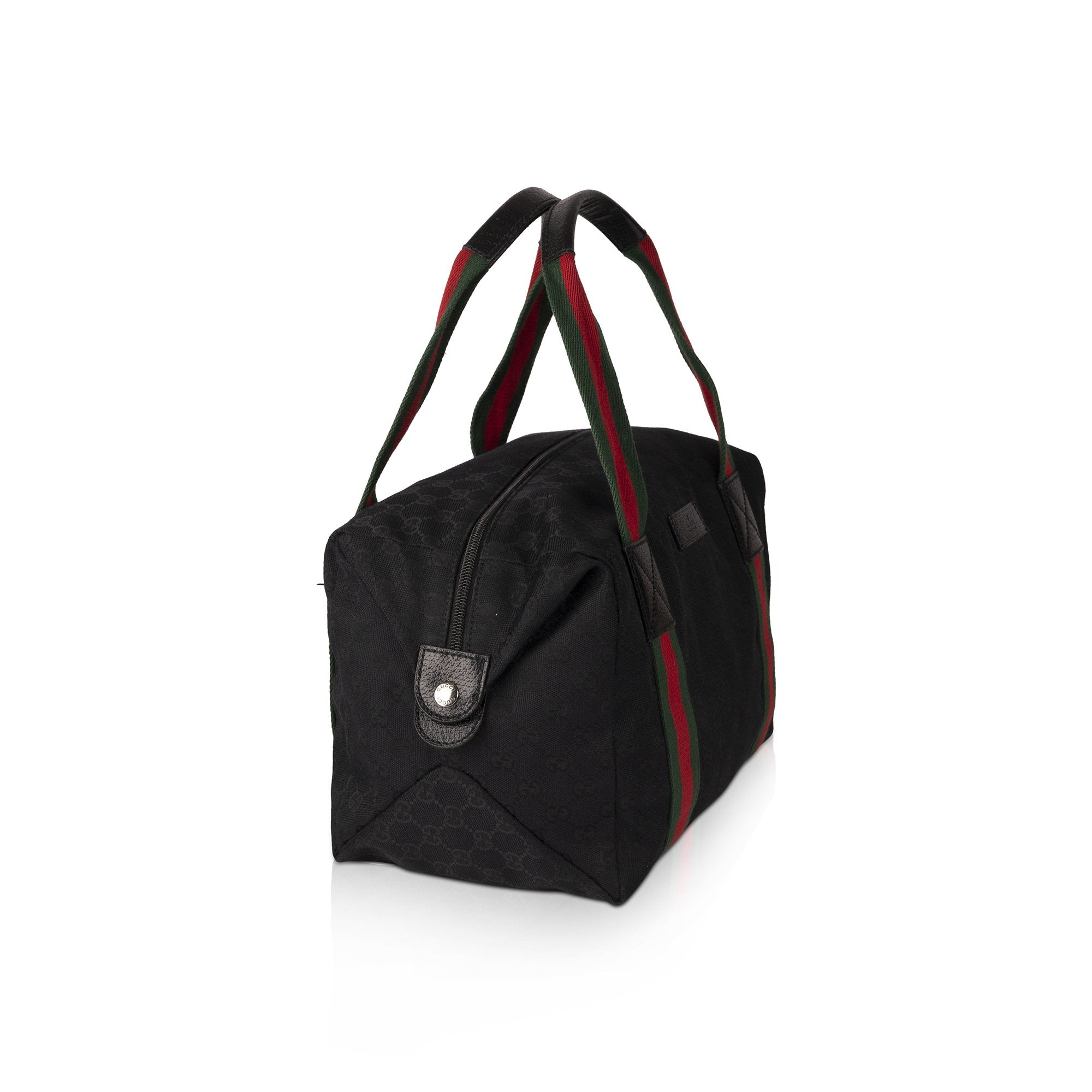 Gucci Medium Black GG Canvas Web Boston Travel Duffle Bag