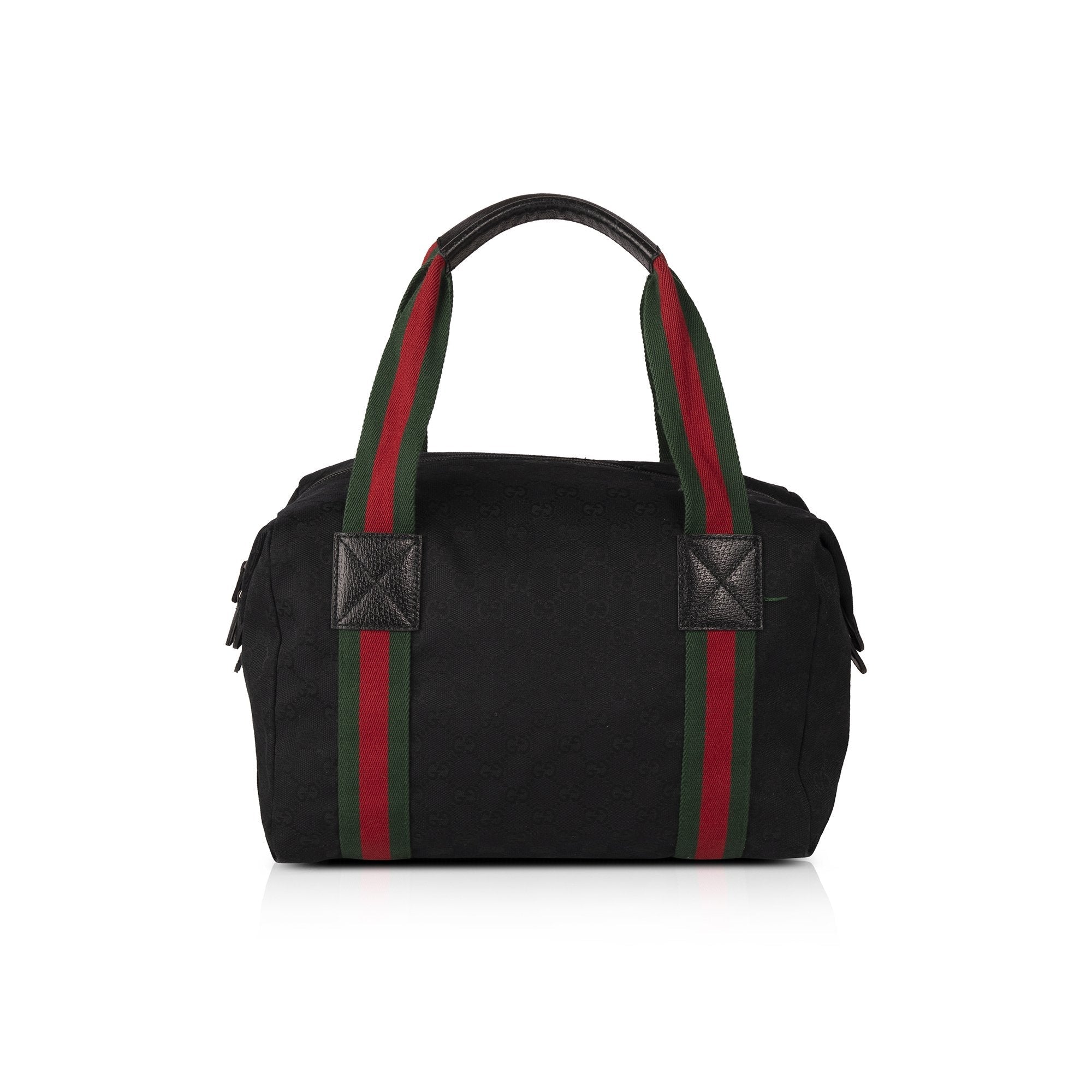 Gucci Medium Black GG Canvas Web Boston Travel Duffle Bag
