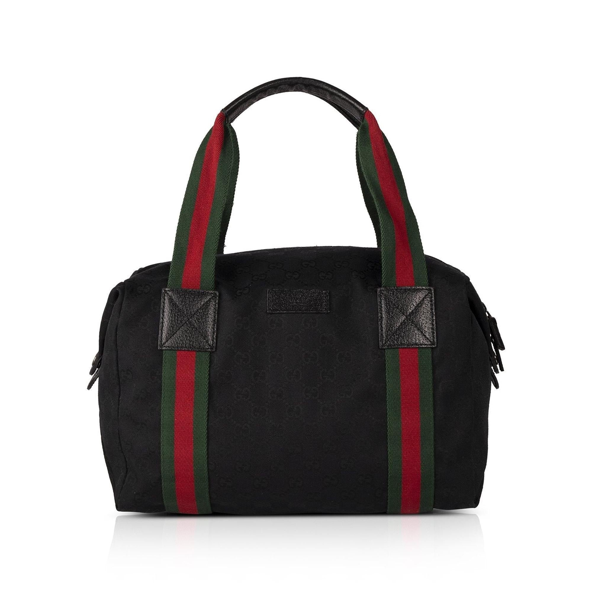Gucci Medium Black GG Canvas Web Boston Travel Duffle Bag