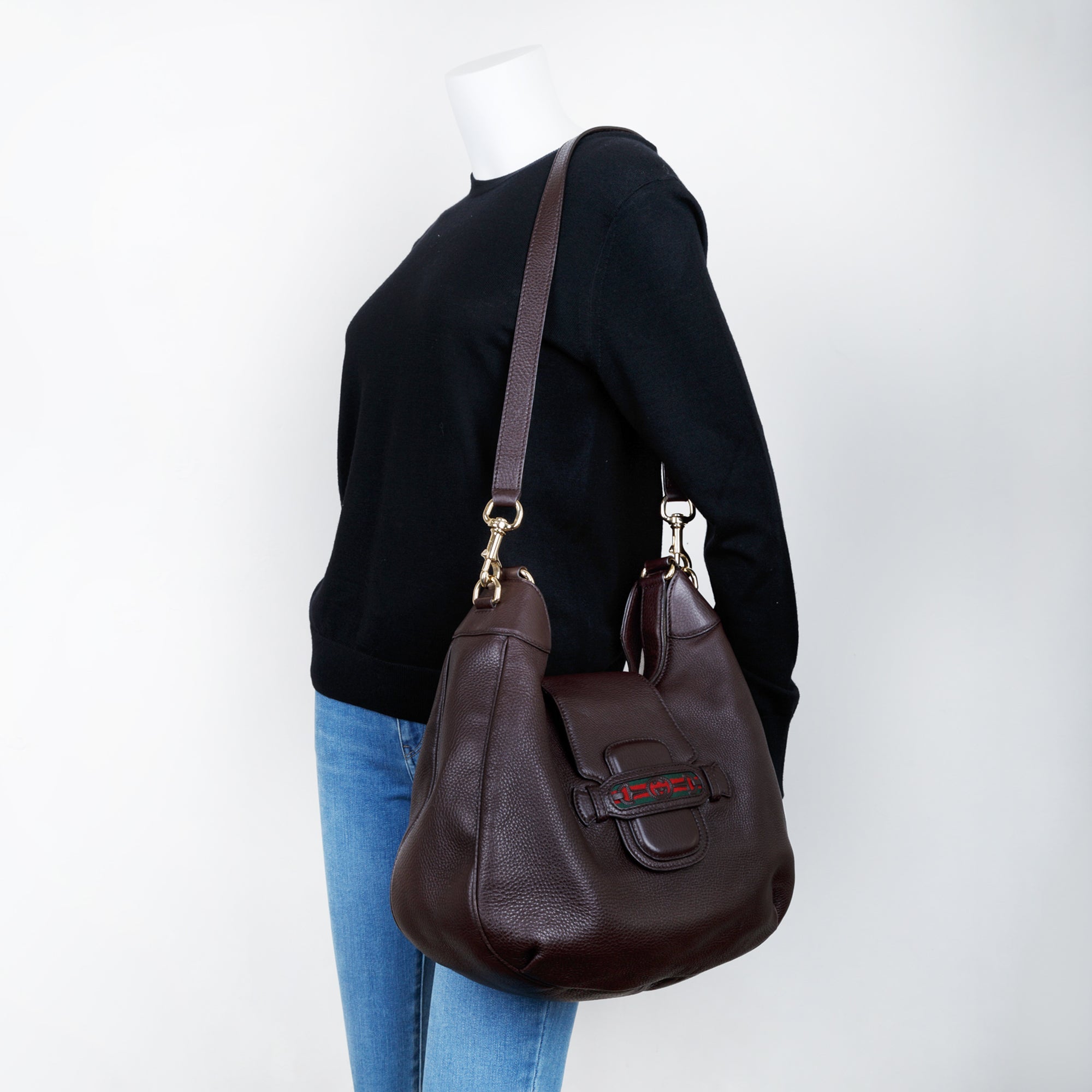 Gucci Medium Brown Leather Dressage Web Hobo Bag w/ Strap