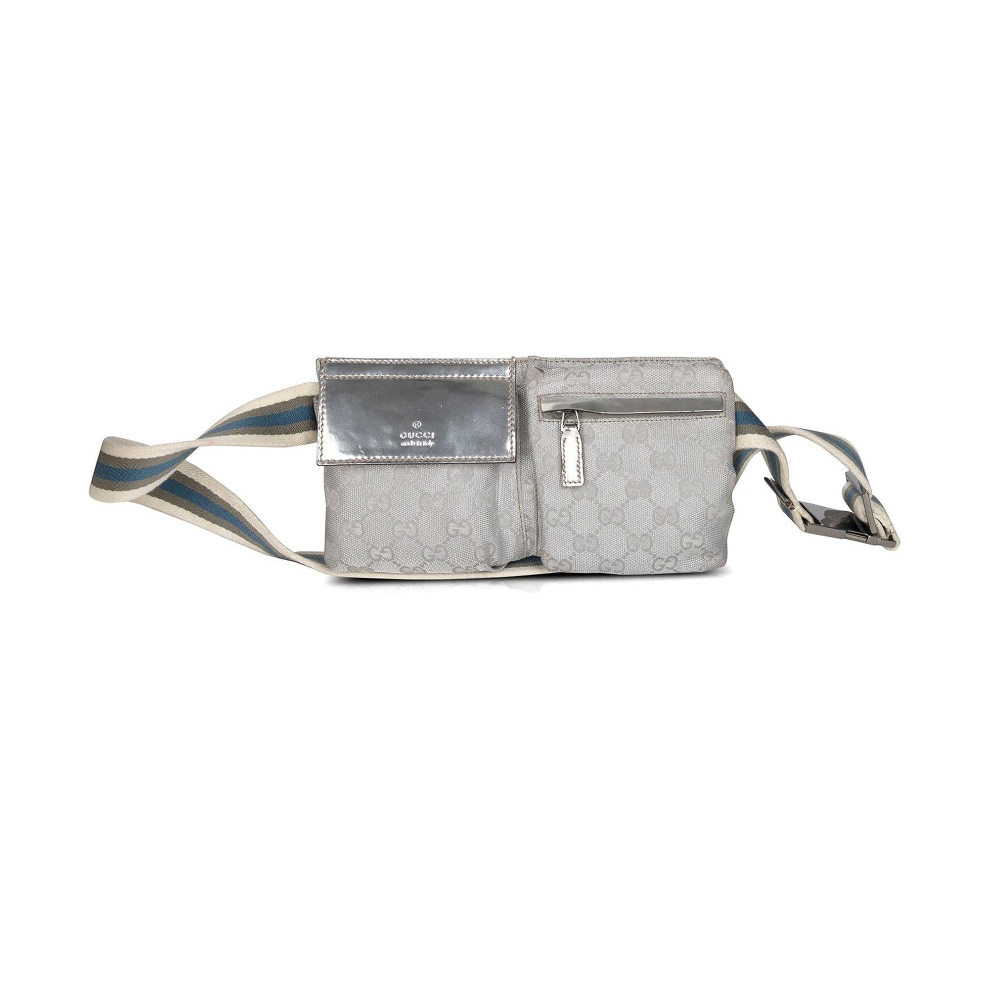 Gucci Silver GG Canvas Web Double Belt Bag