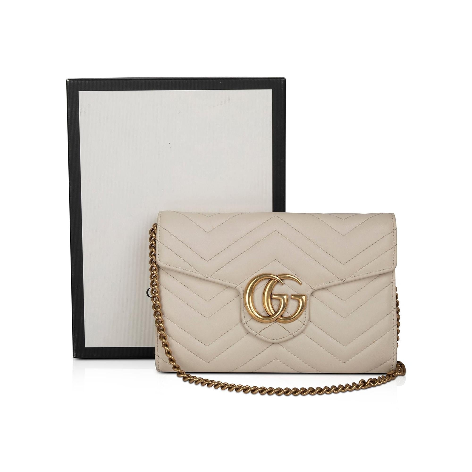Gucci White Calfskin Matelasse Marmont Chain Wallet w/ Box