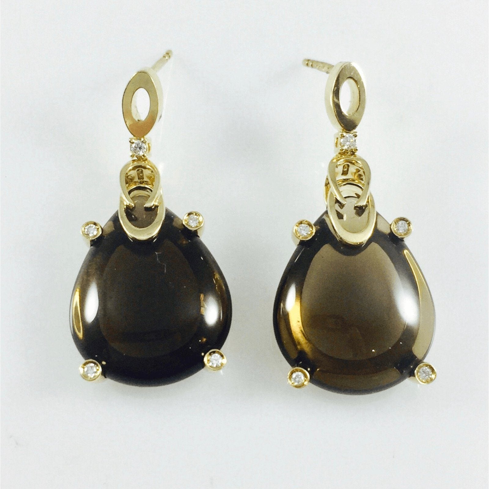 Hand Assembled Smoky Quartz & Diamond Earrings in 18kt Yellow Gold