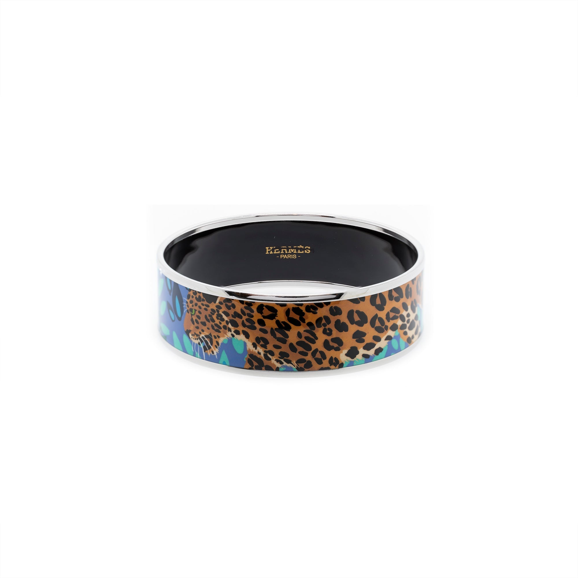 Hermes Wide Leopard Print Enamel Bangle Bracelet