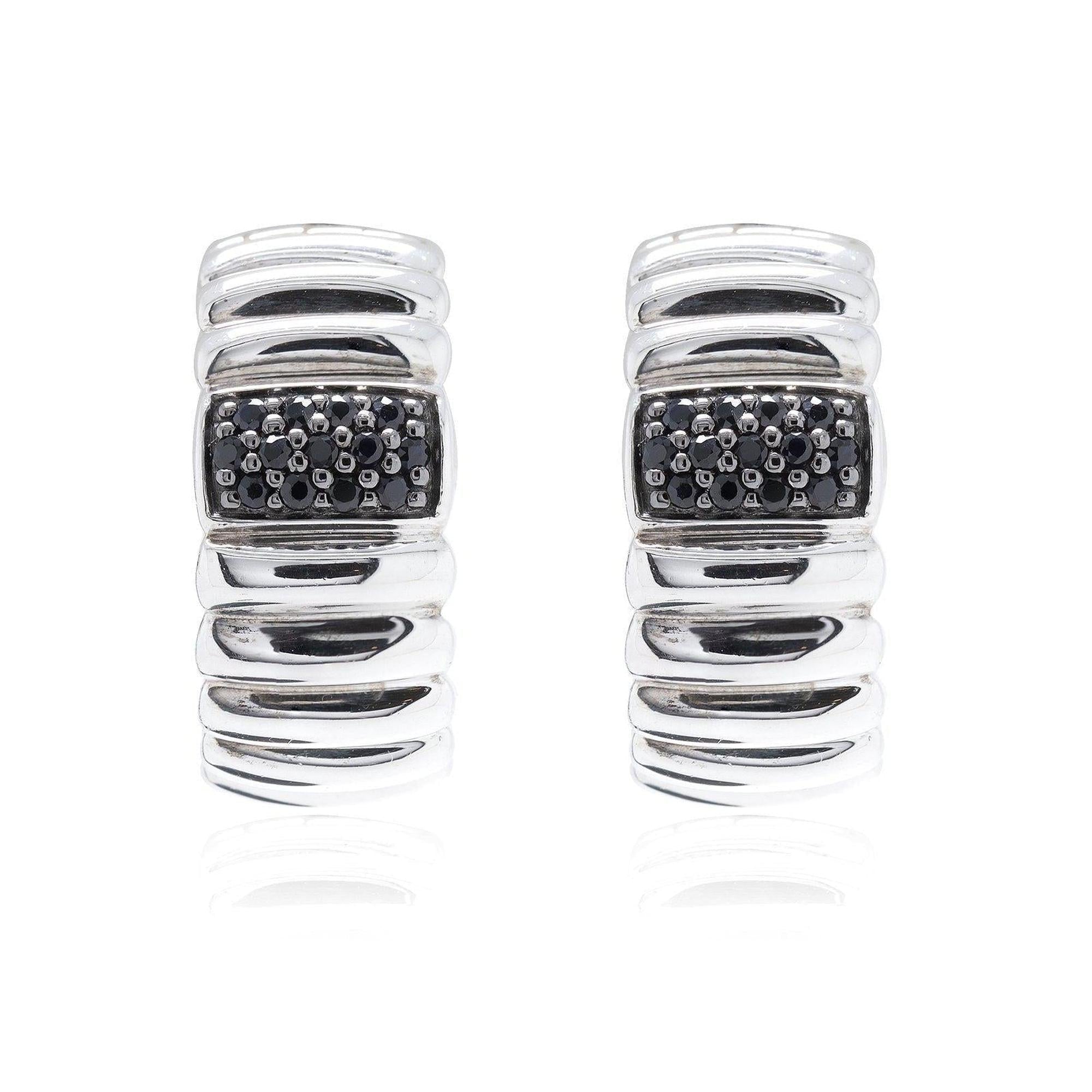John Hardy Bedeg Wide Rippled Hoop Earrings with Black Sapphires