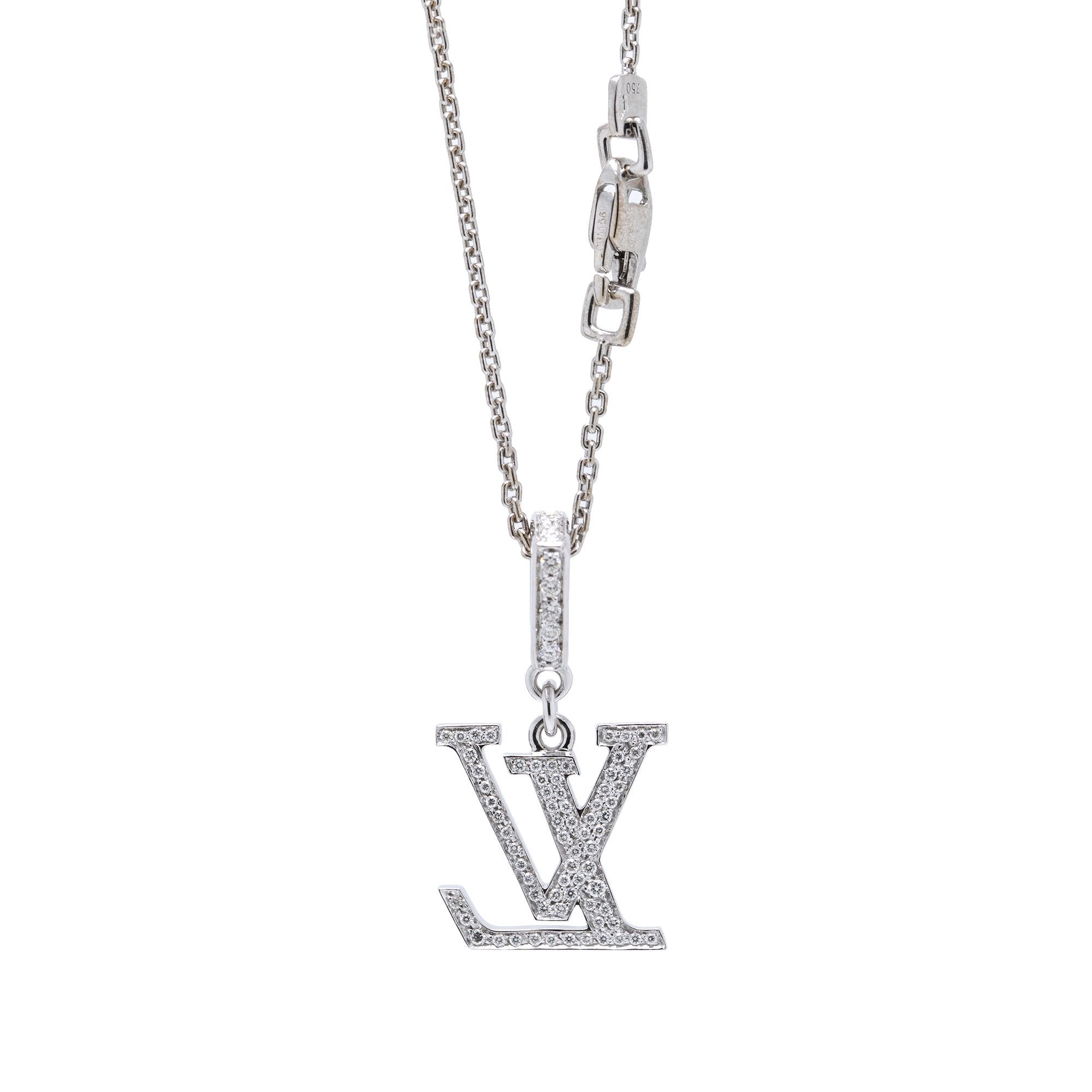 Louis Vuitton 18k White Gold Diamond Monogram Pendant Necklace w/ Box