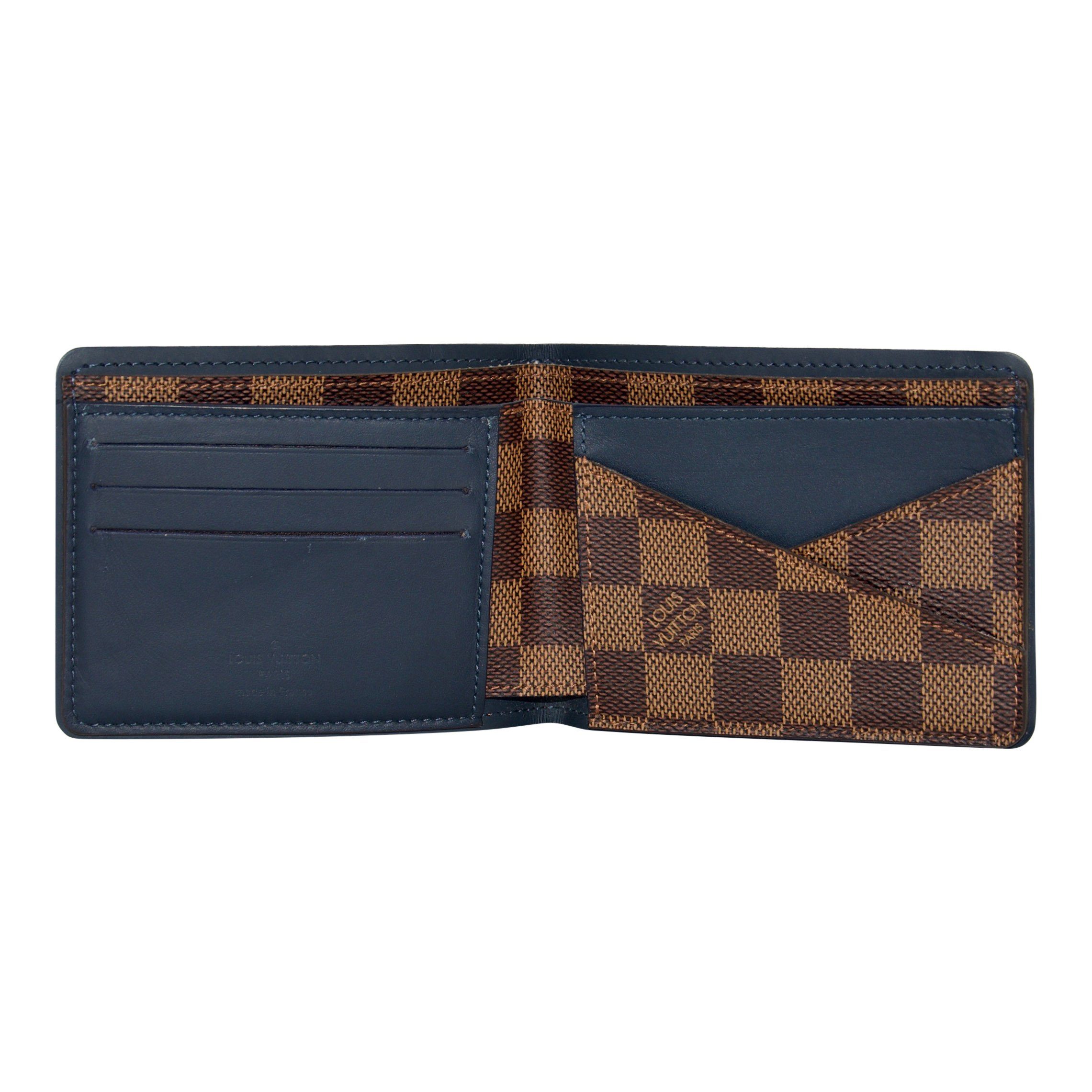 Louis Vuitton Damier Ebene Multiple Wallet with Bleu Calfskin