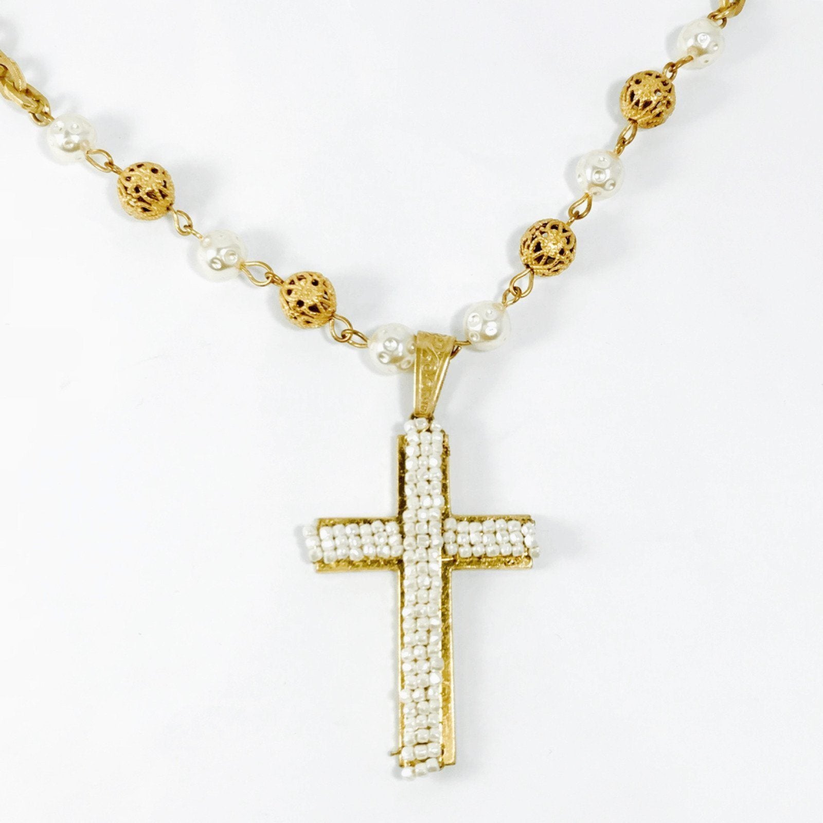 Miriam Haskell Faux Pearl Cross Pendant Necklace