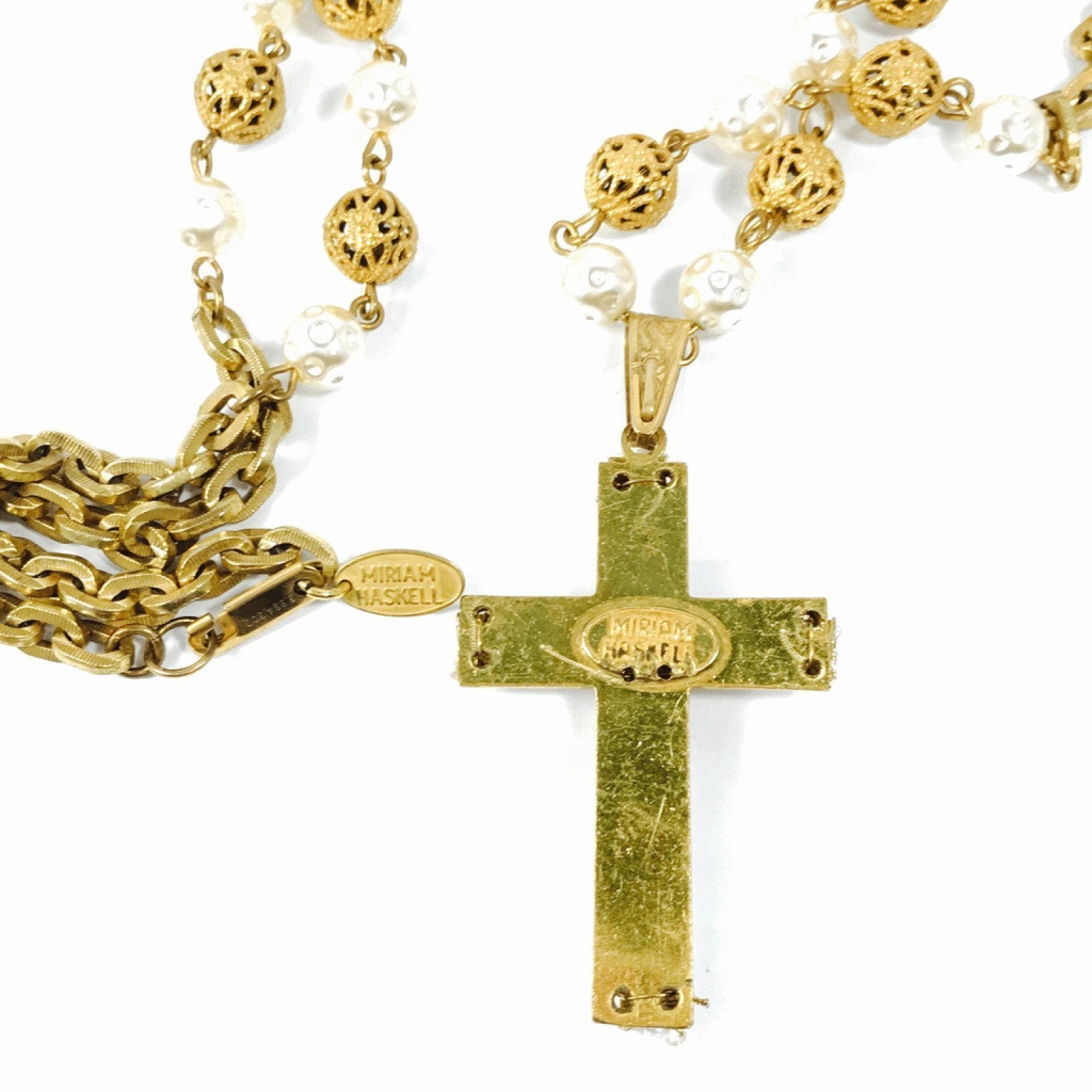 Miriam Haskell Faux Pearl Cross Pendant Necklace