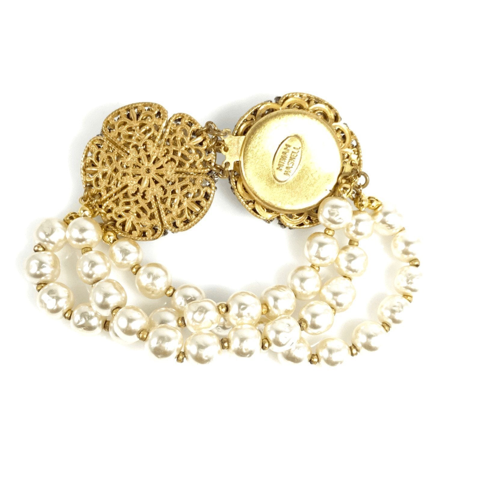 Miriam Haskell Three Row Faux Pearl and Crystal Signature Pansy Bracelet