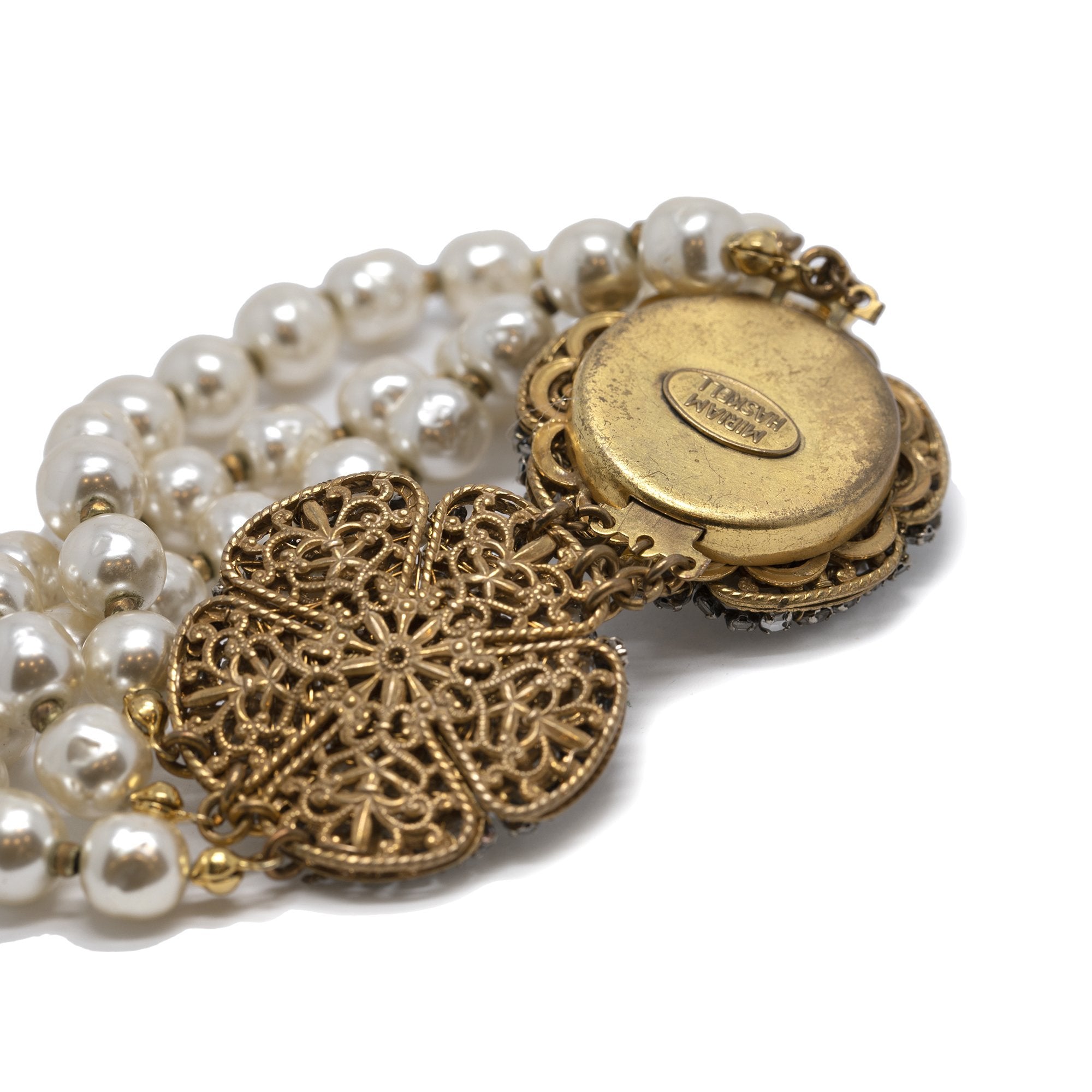 Miriam Haskell Vintage Antique Faux Pearl & Crystal Multistrand Bracelet