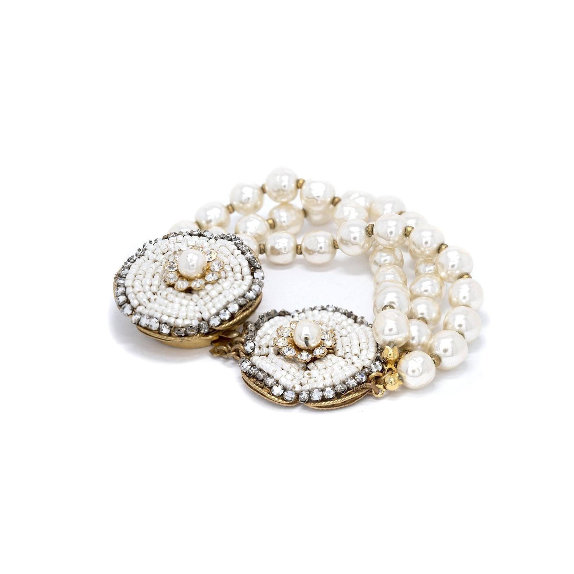 Miriam Haskell Vintage Antique Faux Pearl & Crystal Multistrand Bracelet