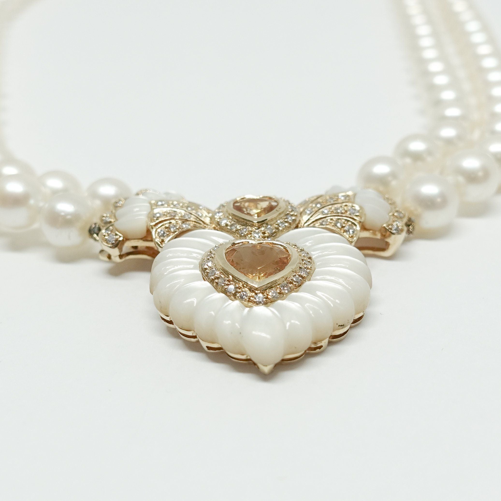 Pearl Necklace with Heart Shaped Citrine and Mother of Pearl Clasp