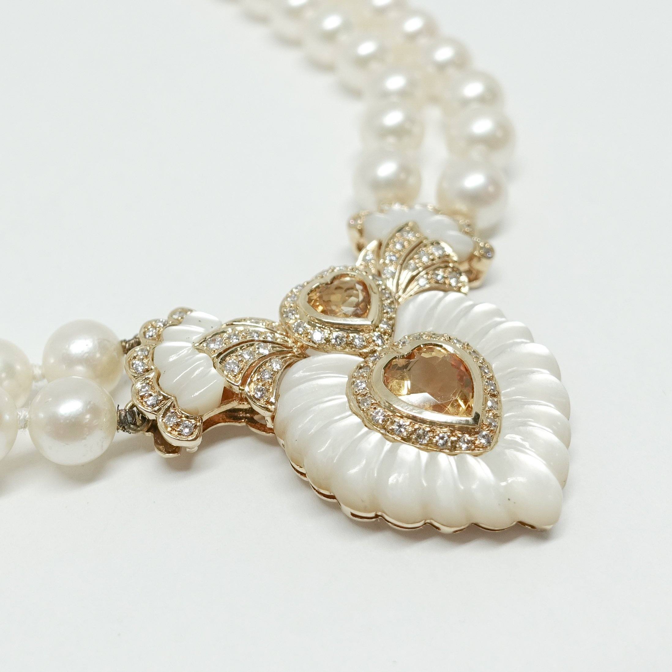 Pearl Necklace with Heart Shaped Citrine and Mother of Pearl Clasp
