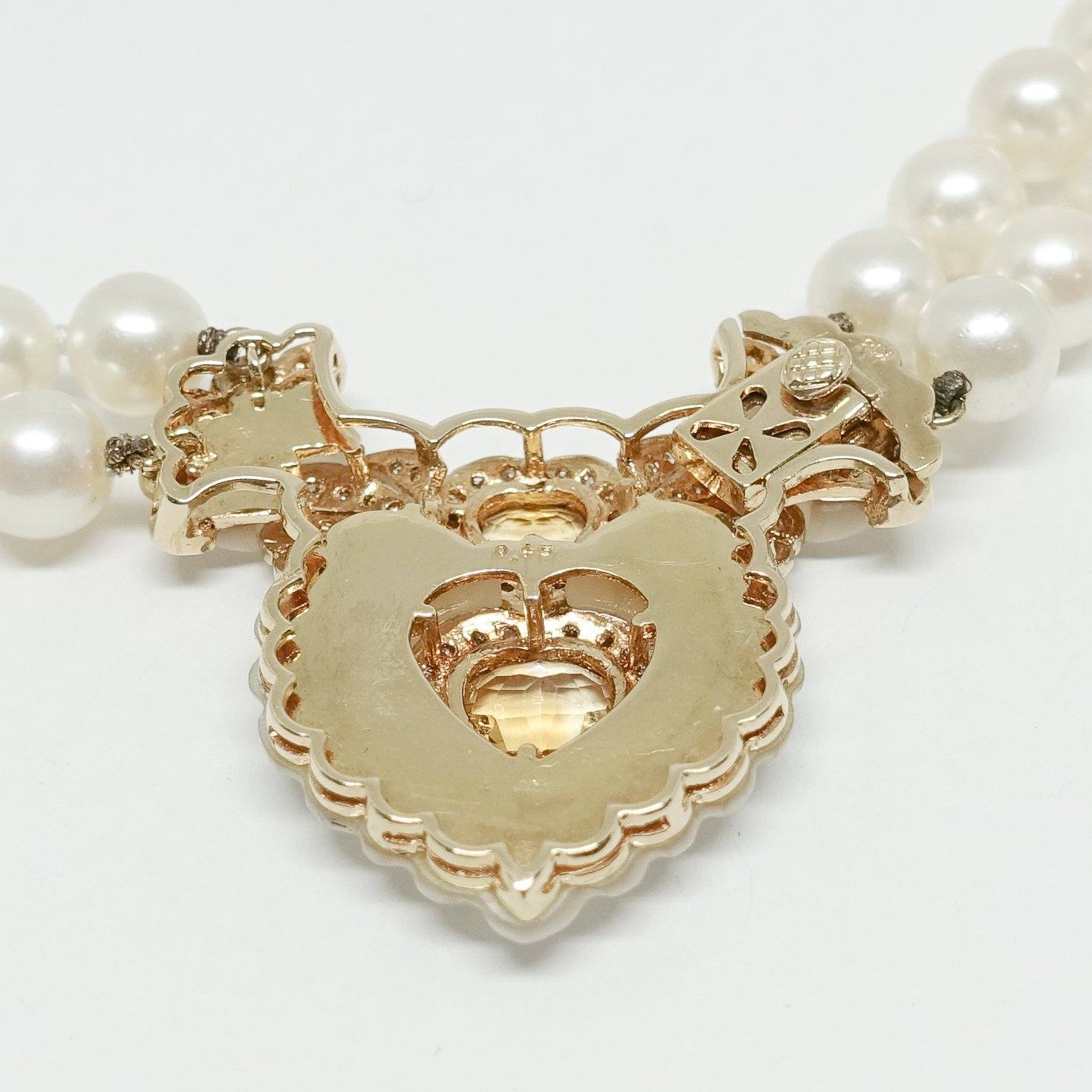 Pearl Necklace with Heart Shaped Citrine and Mother of Pearl Clasp
