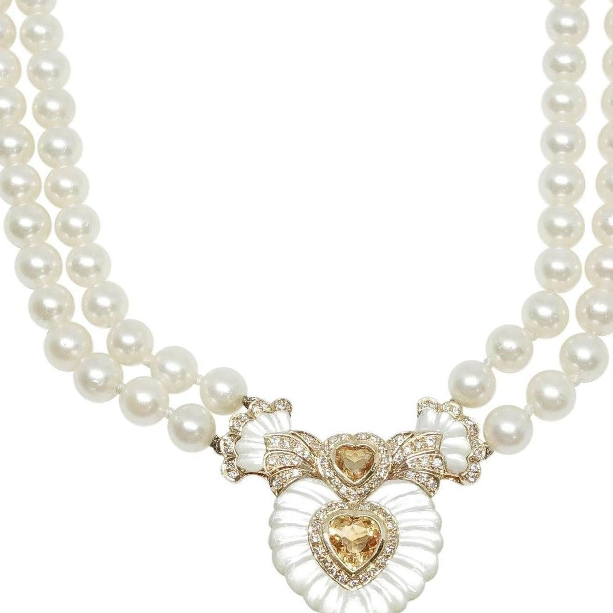 Pearl Necklace with Heart Shaped Citrine and Mother of Pearl Clasp