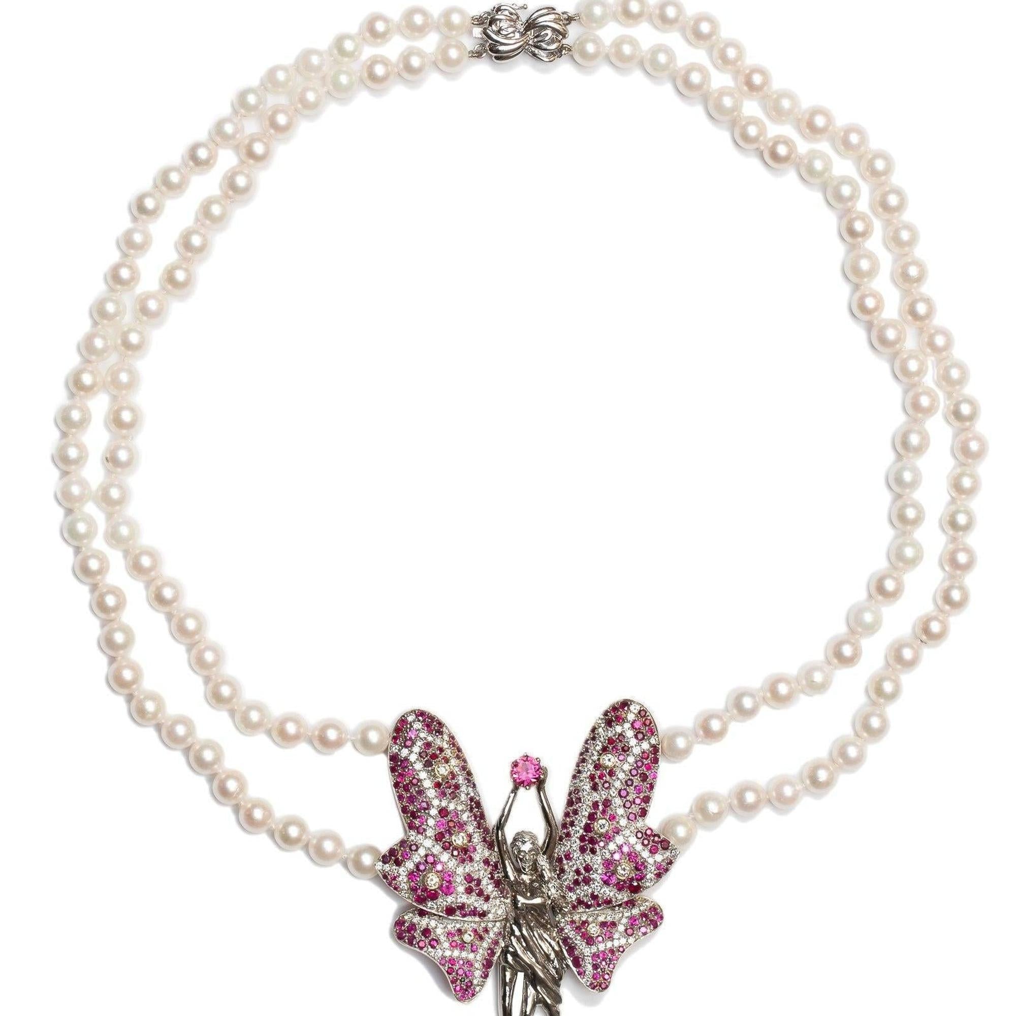 Pearl Necklace with Pink Tourmalines and Diamond Pendant