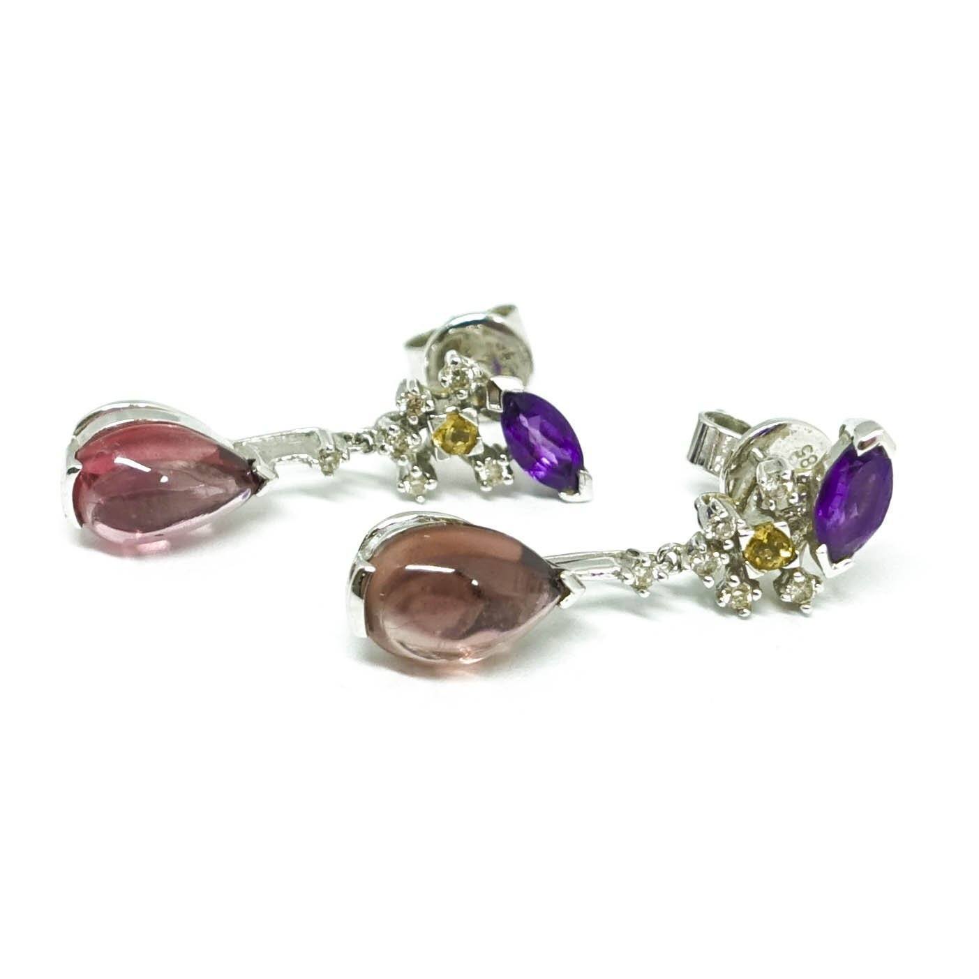 Pink Tourmaline, Citrine, Amethyst, and Diamond Drop Earrings