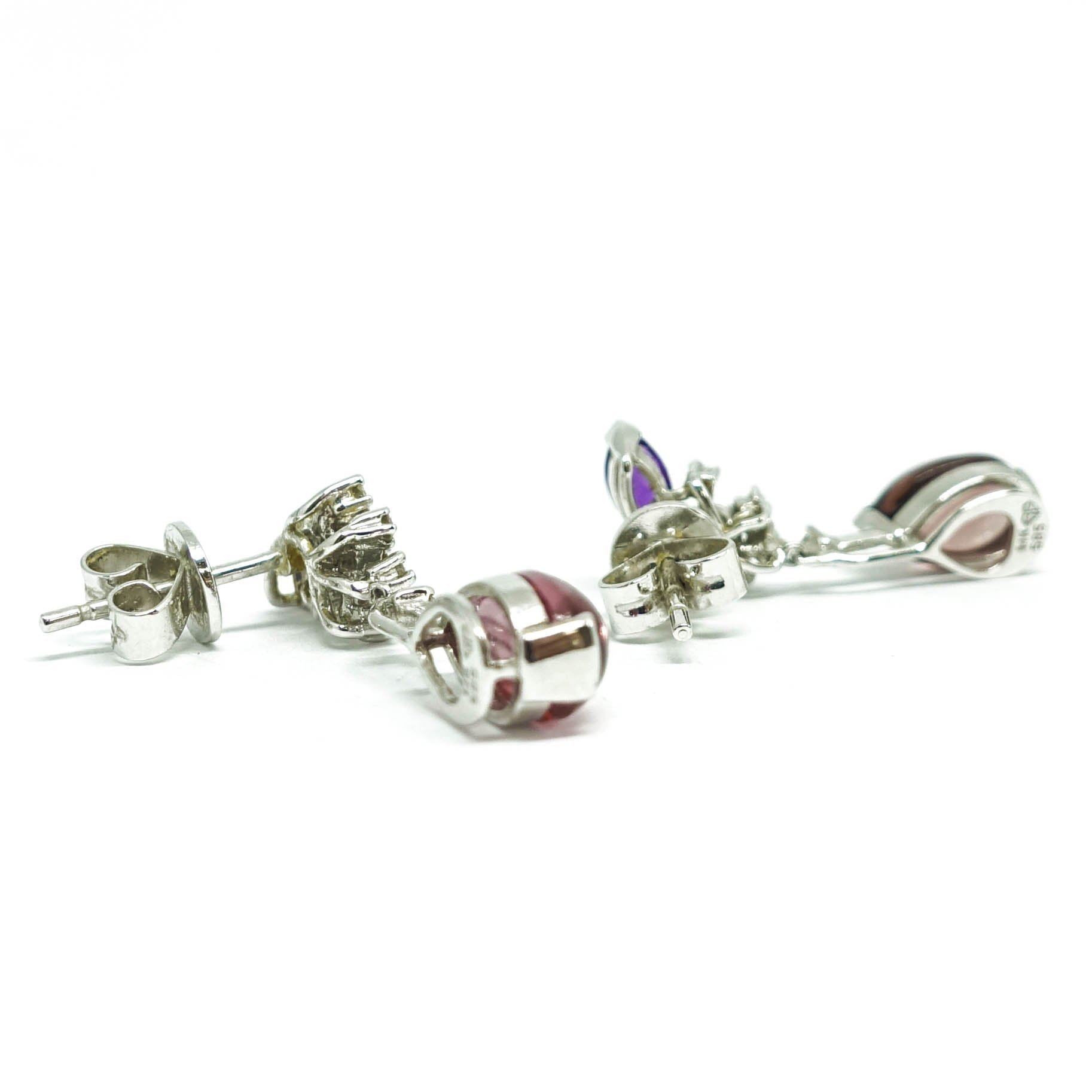 Pink Tourmaline, Citrine, Amethyst, and Diamond Drop Earrings