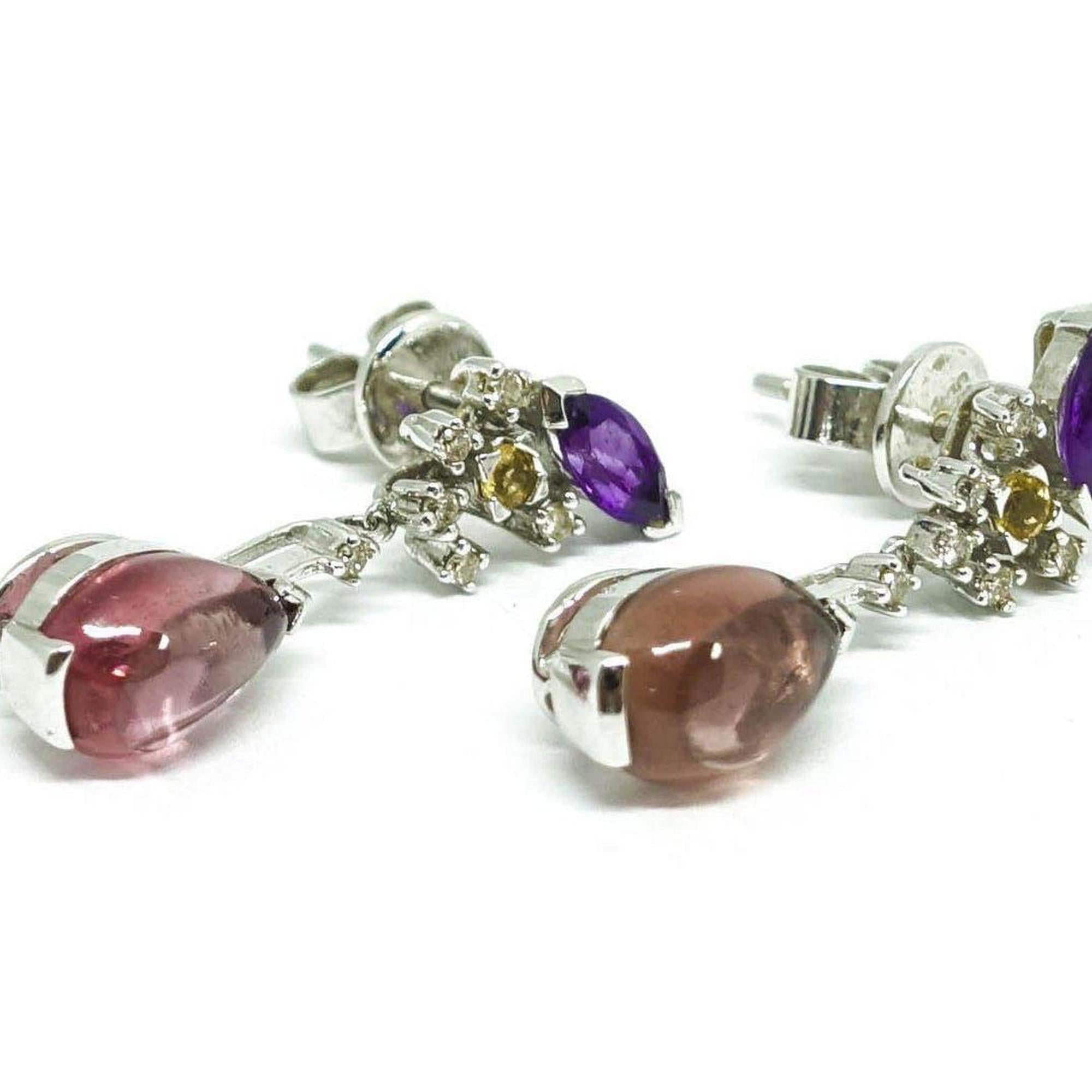 Pink Tourmaline, Citrine, Amethyst, and Diamond Drop Earrings