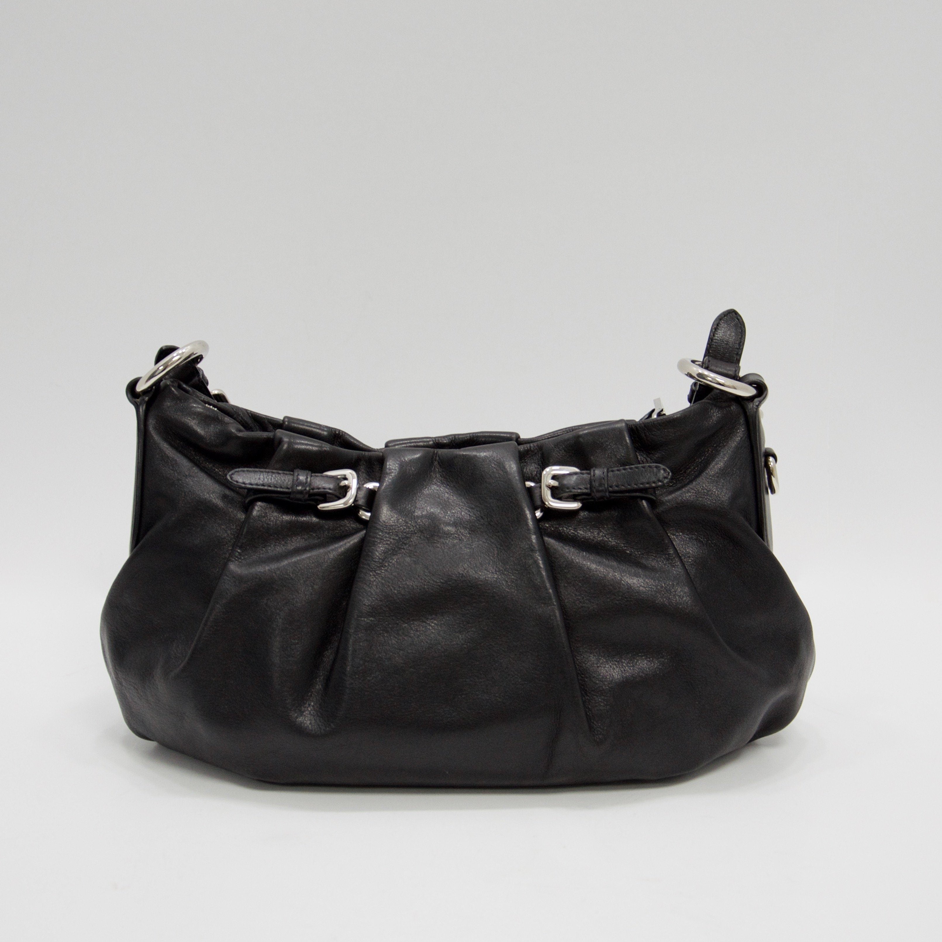 Prada Black Buckle Pleated Hobo