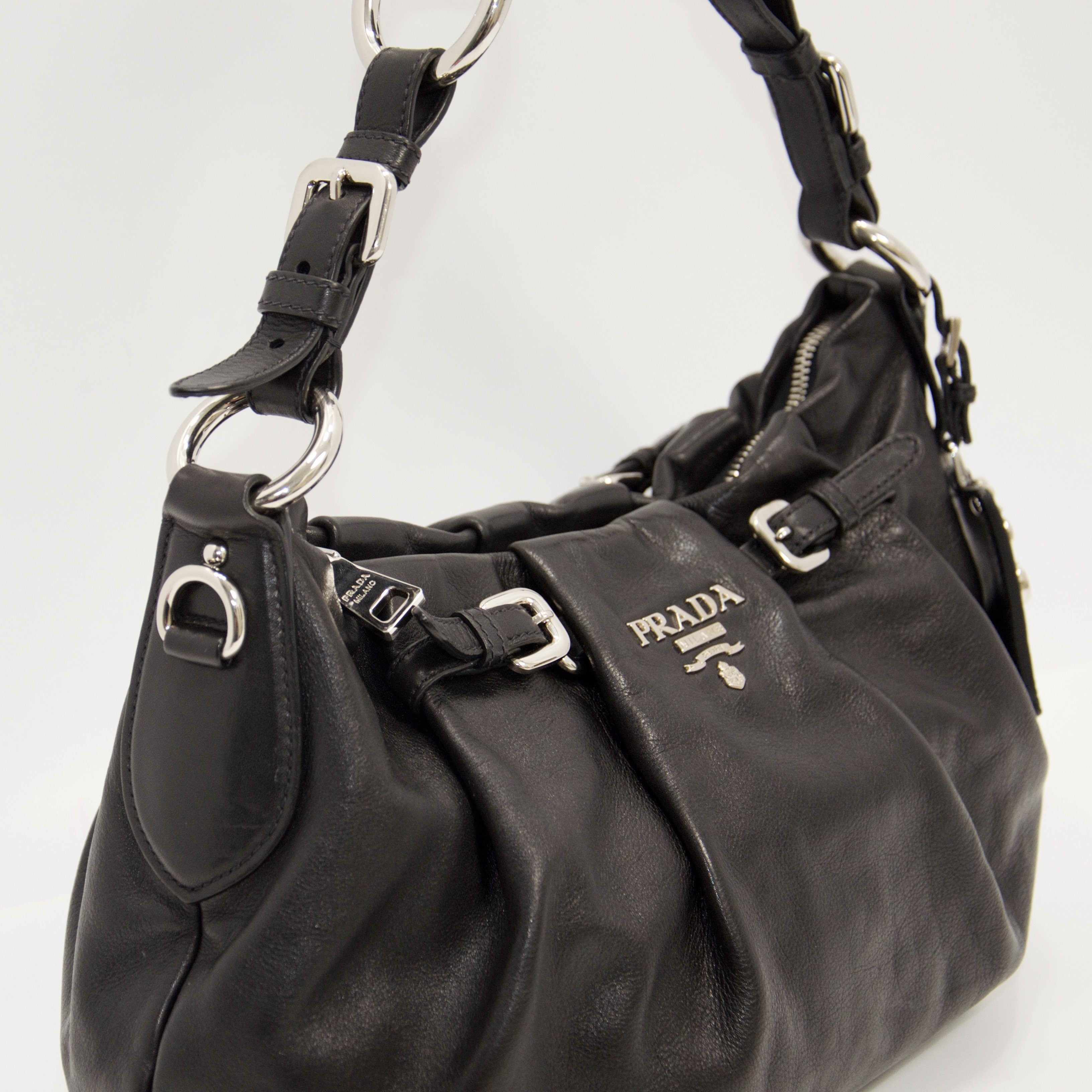 Prada Black Buckle Pleated Hobo