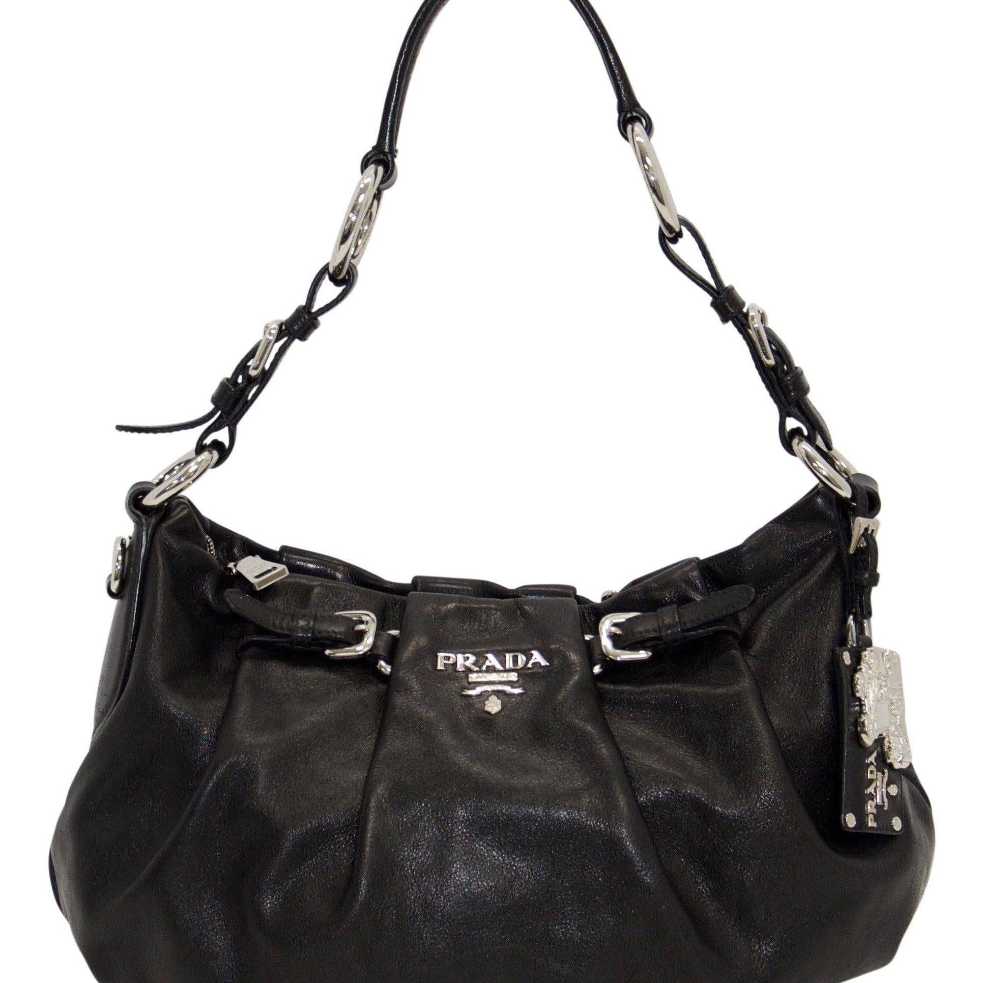 Prada Black Buckle Pleated Hobo