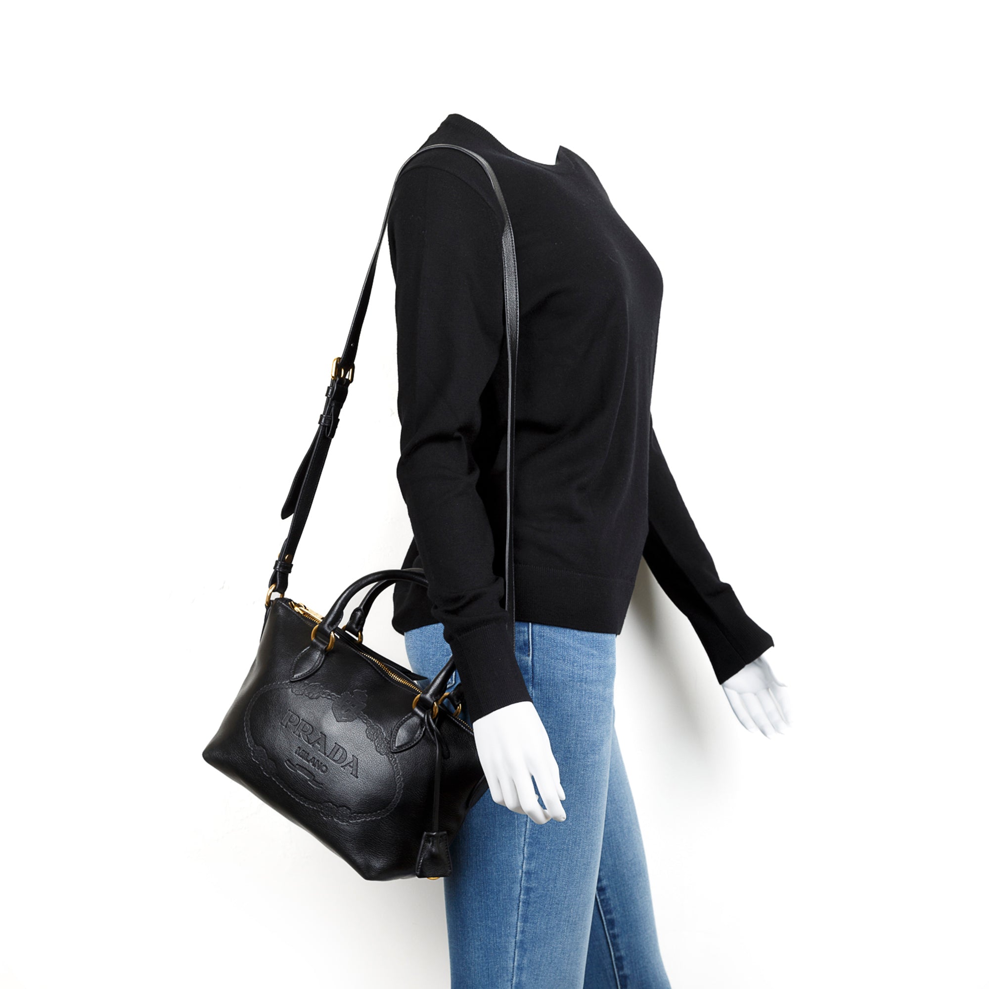 Prada Black Glace Calf Embossed Logo Tote w/ Strap