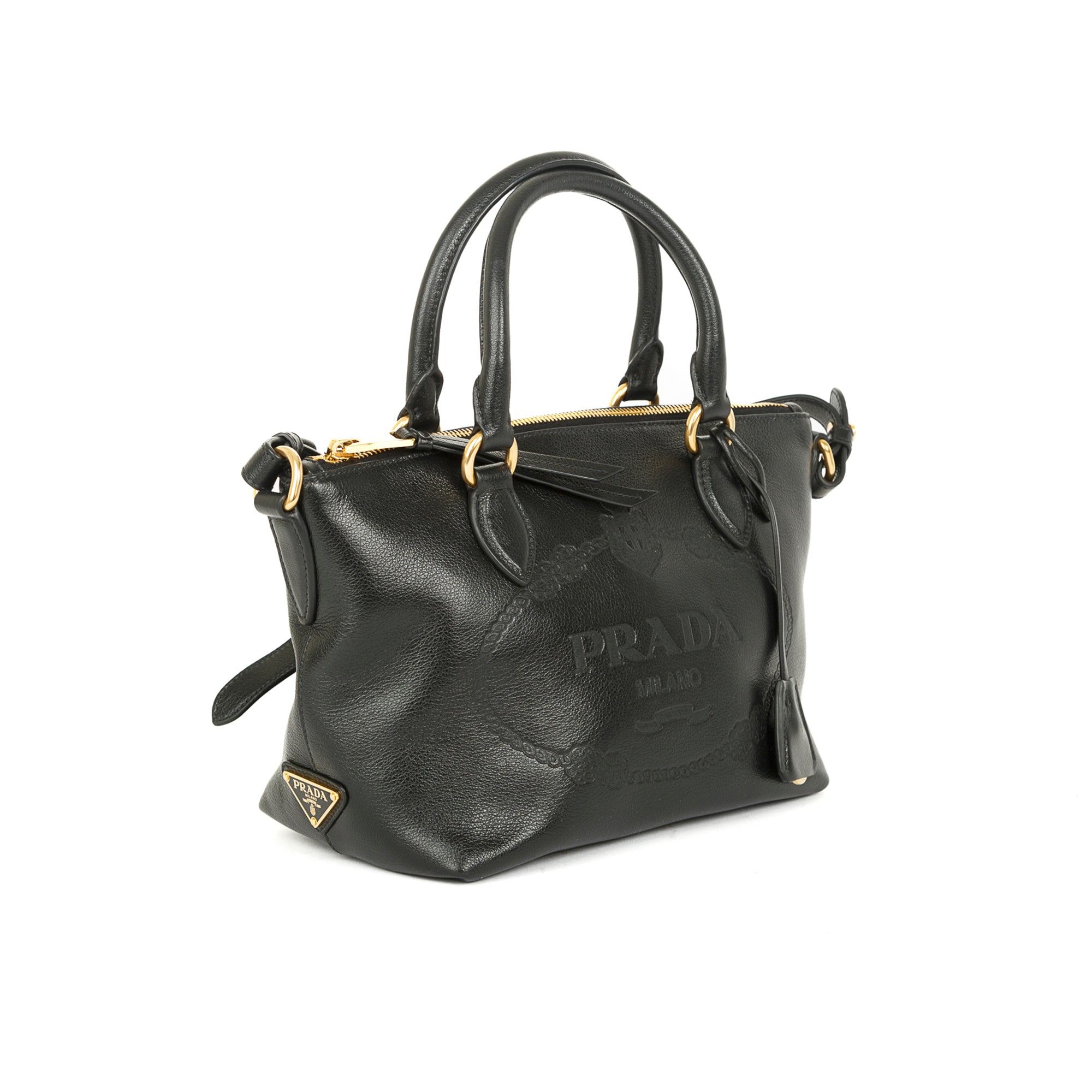 Prada Black Glace Calf Embossed Logo Tote w/ Strap