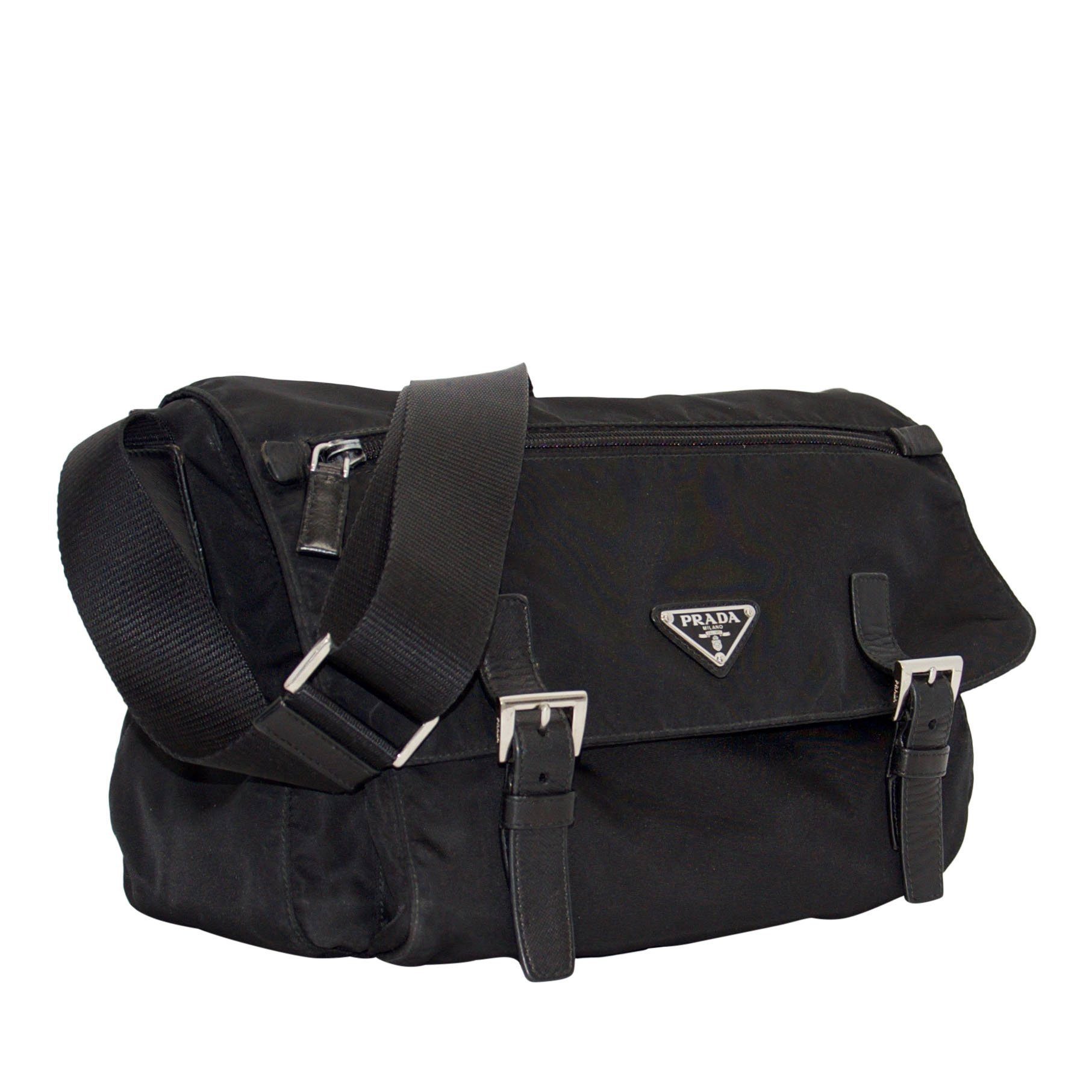 Prada Black Leather-Trimmed Tessuto Bag