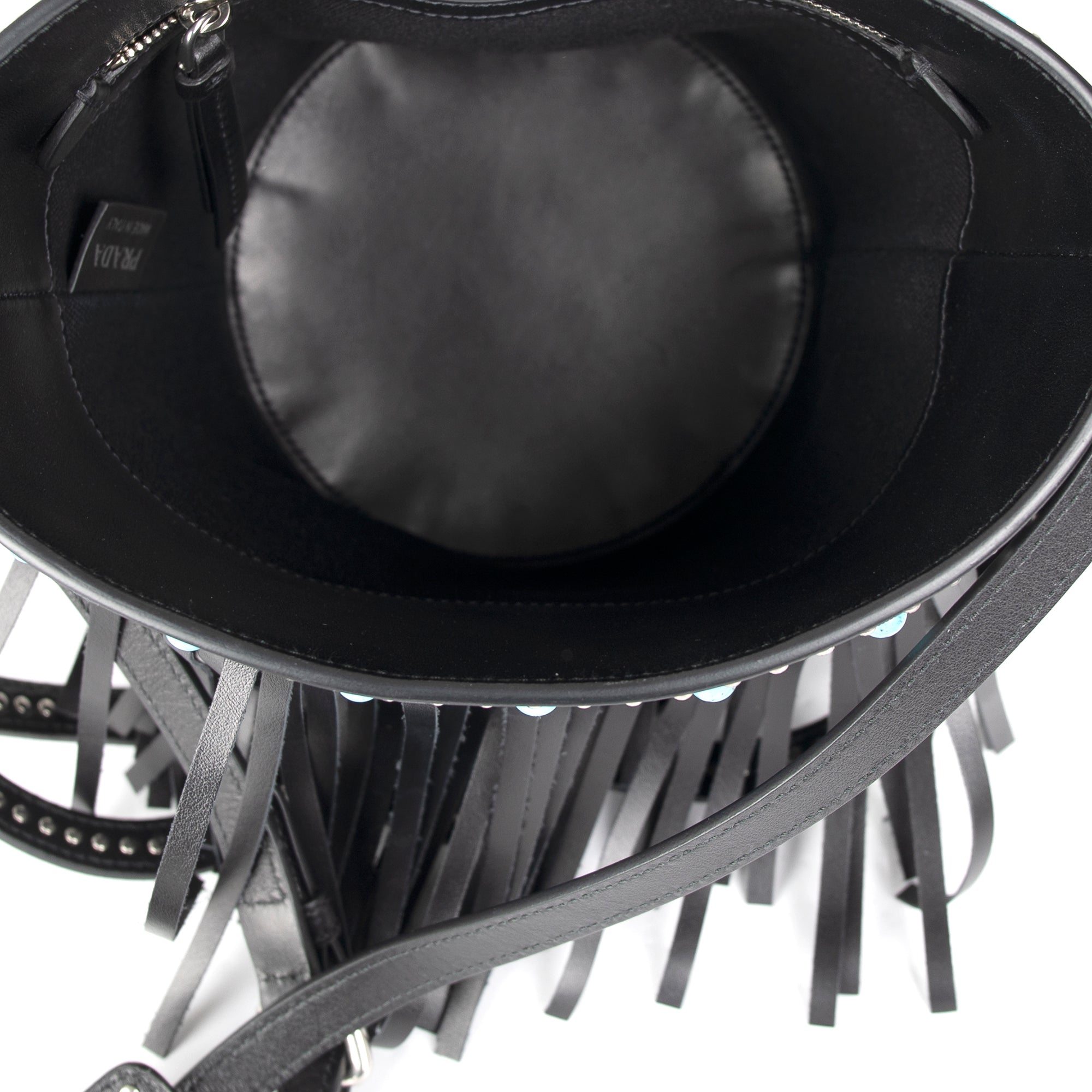 Prada Fringe Embellished City Calf Folk Bucket Bag