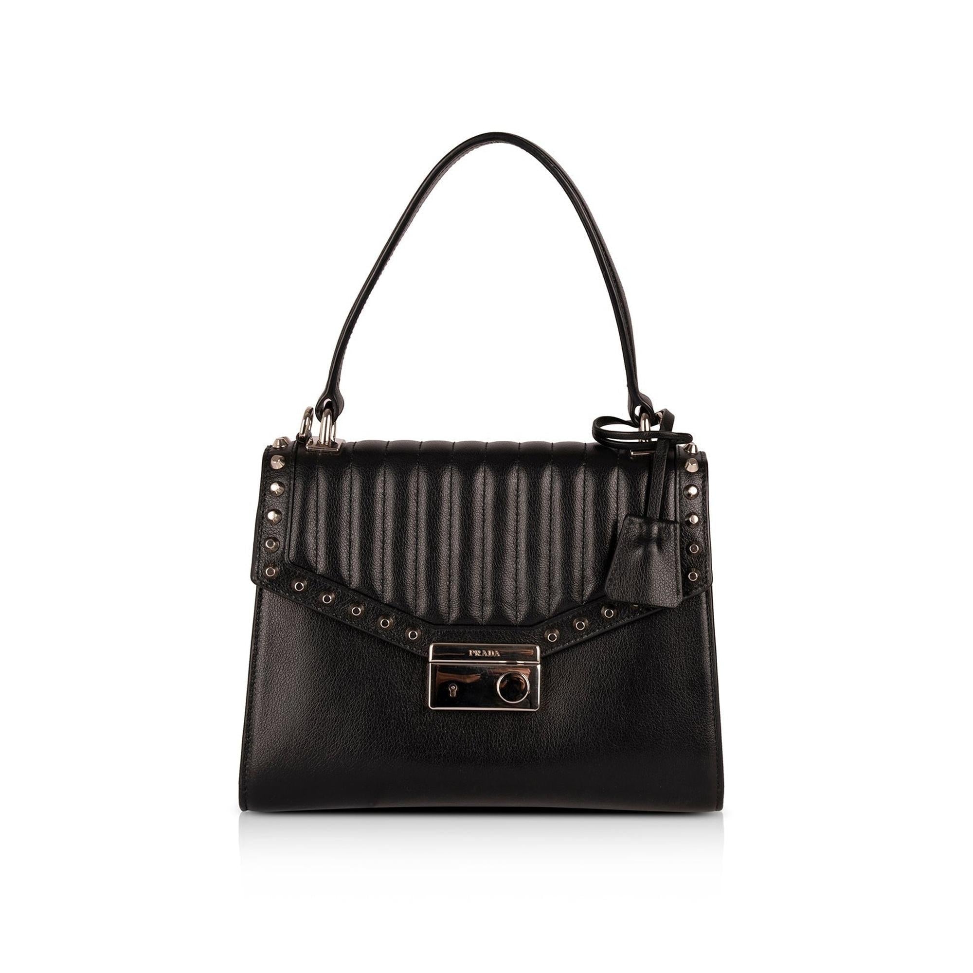 Prada Glace Calf Leather Studded Top Handle Bag