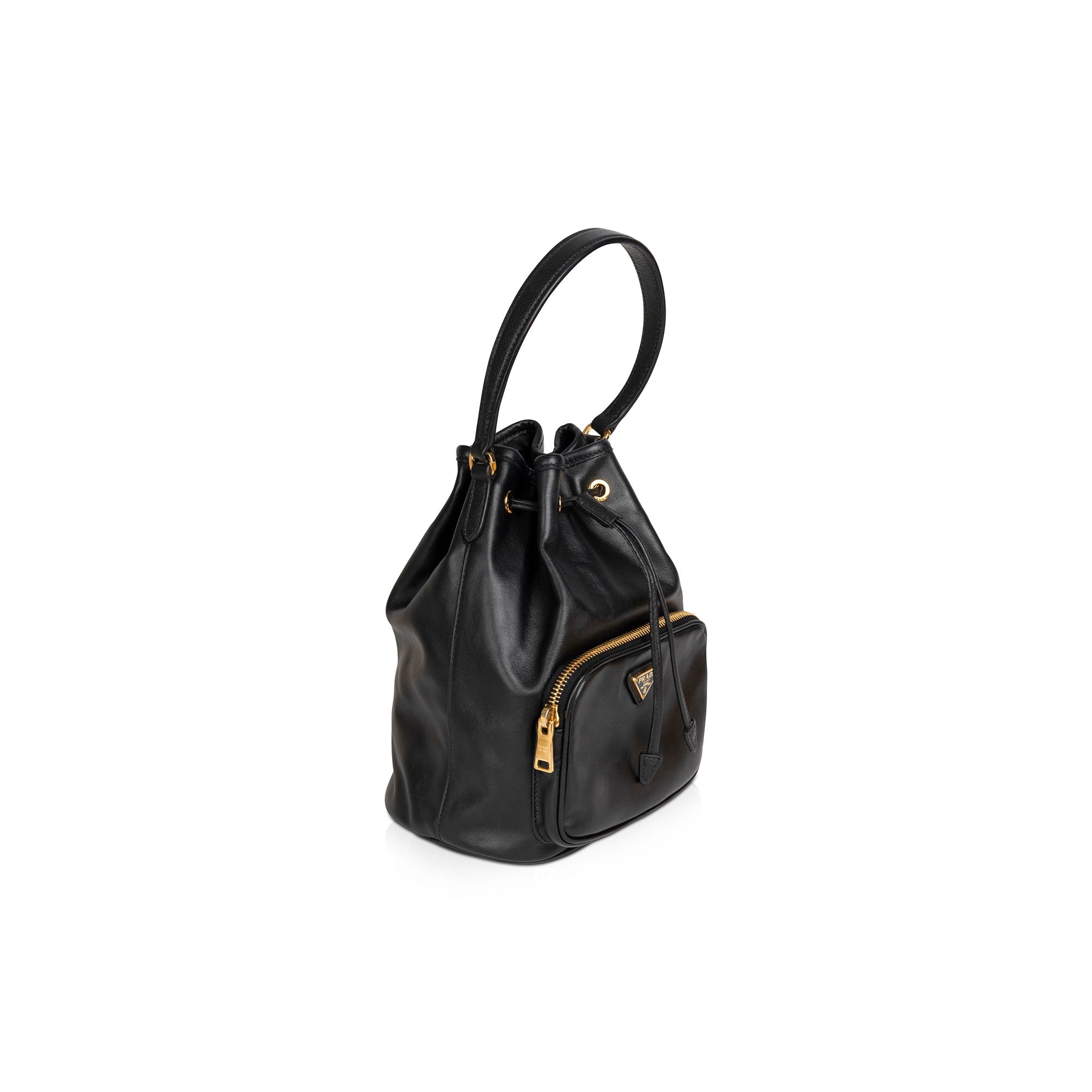 Prada Small Leather Drawstring Bucket Bag w/ Crossbody Strap